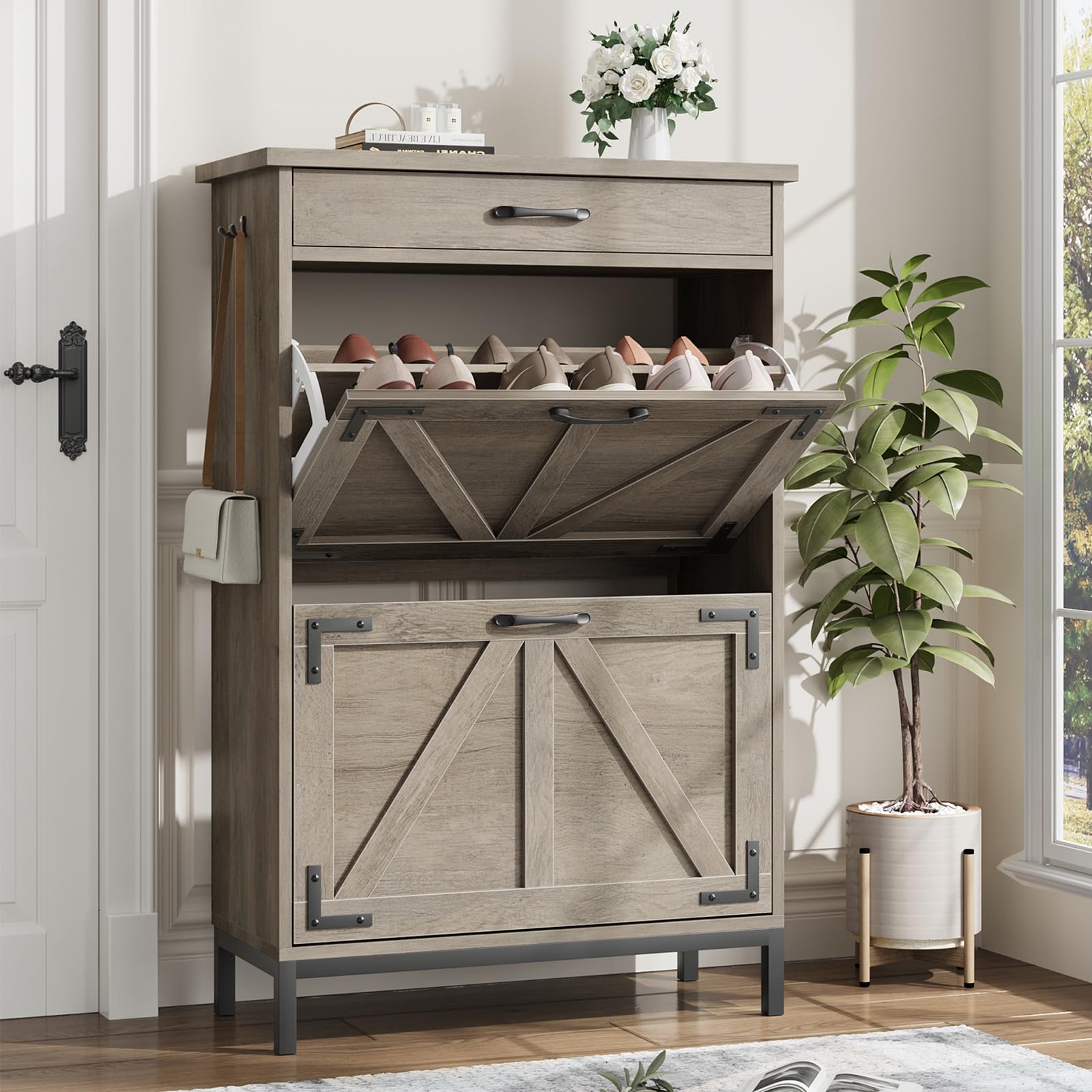 Farmhouse Narrow Shoe Cabinet with 2 Flip Drawers - Hidden Entryway Shoe Storage Organizer, Free Standing Slim Shoe Rack for Hallway, Foyer & Door Entry (Grey) - Perfect for Small Spaces & Clutter-Free Home Organization