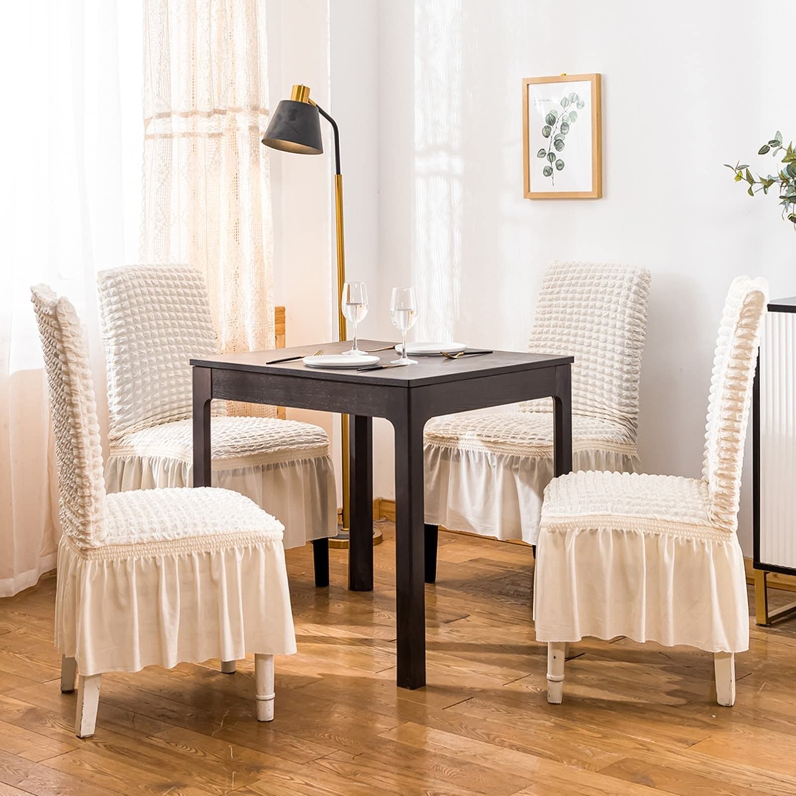 **Daesar Universal Stretch Chair Covers 4-Pack - Washable & Removable Slipcovers for Dining & Kitchen Chairs - Bubble Plaid Pattern with Skirt - Polyester Fabric in Beige - Perfect for Home, Office, and Party Decor**