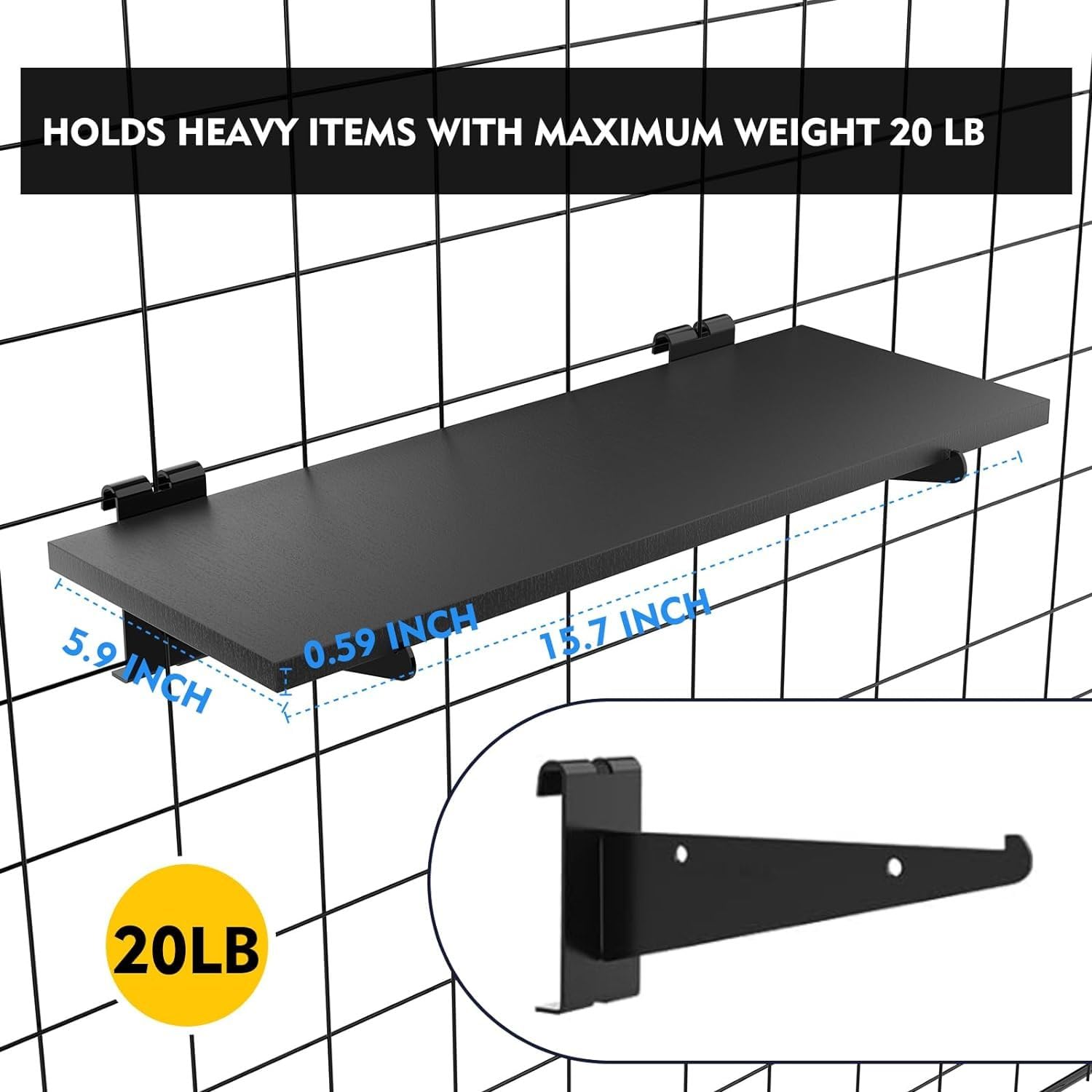 6 Pack Wooden Gridwall Shelves 15.7 x 6 Inches - Heavy Duty Metal Bracket Grid Wall Shelving Organizer for Home, Garage, Retail Store Display & Storage (6, 15.7 x 6 x 0.6 inches) - Perfect for Organizing Shoes, Tools, Books & Decorative Items