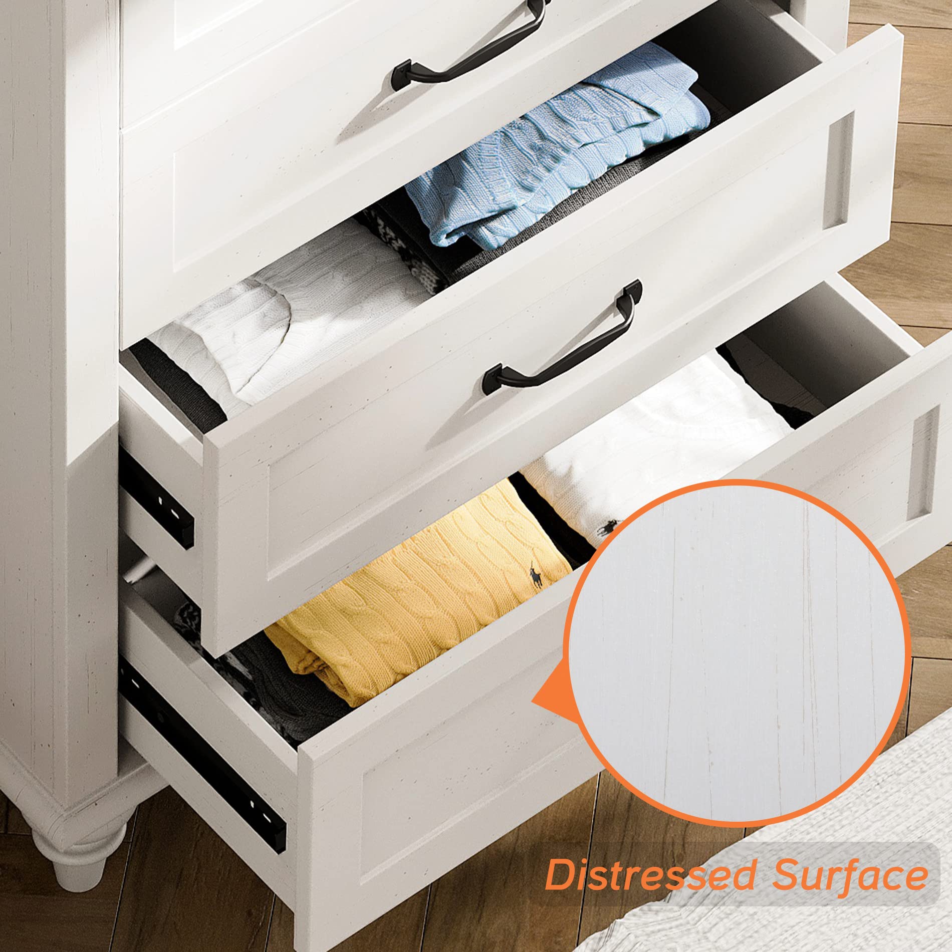 Modern White Dresser with 5 Drawers - Solid Wood Legs for Bedroom Storage | Farmhouse Kids Dresser Organizer