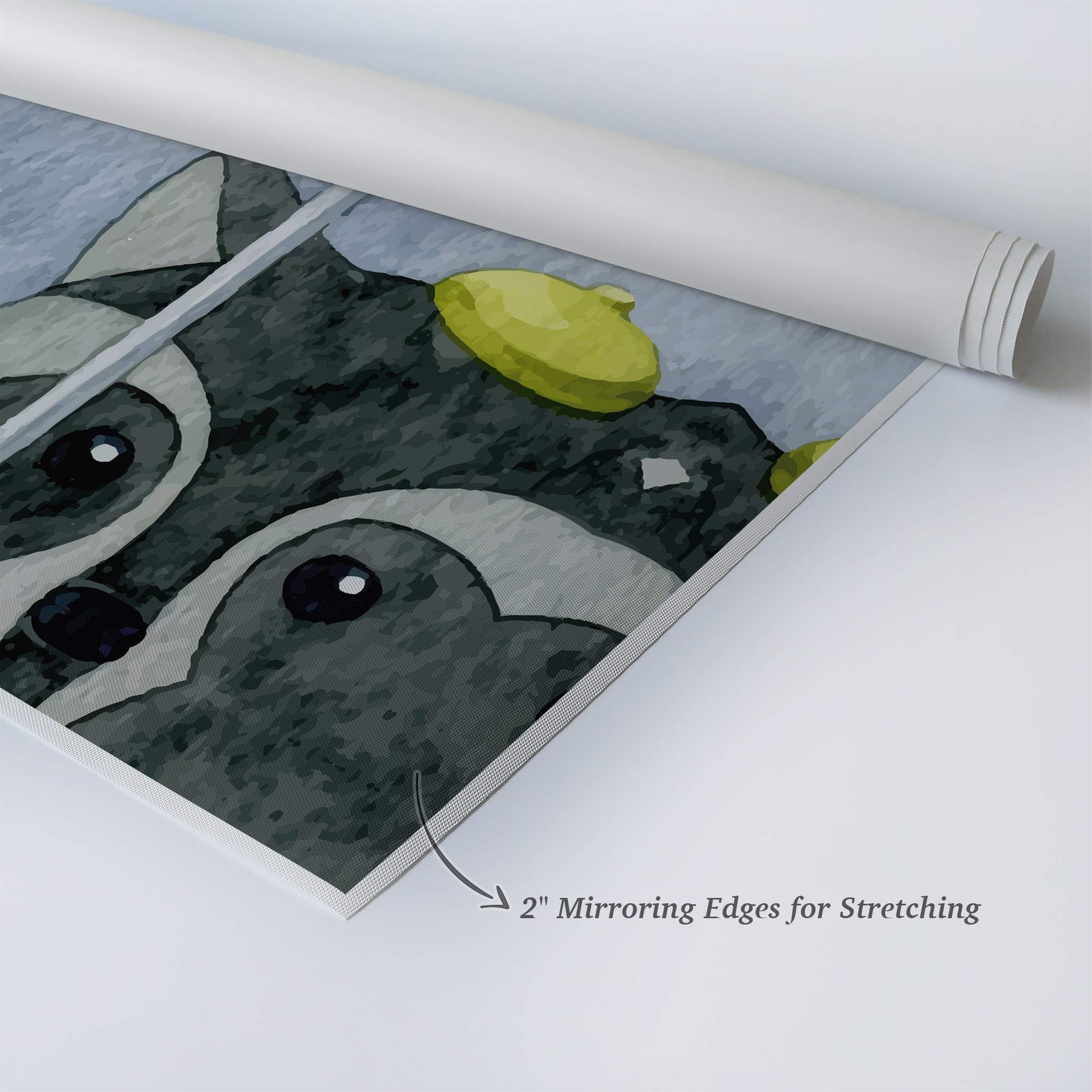 Smile Art Design Cute Raccoon Umbrella Painting - Gray Background Autumn Theme Canvas Print (40x30 inches) - Made in USA - Perfect for Kids Room Decor, Nursery Wall Art & Baby Room Decoration - Ideal for Playrooms, Bedrooms & Gift Giving