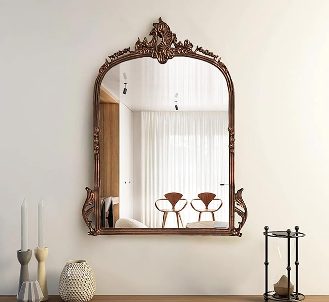 Victorian Arched Full Length Mirror - Hand Casted Metal Frame in Vintage Copper Finish, Wall Mount & Leaning Design for Bedroom, Living Room, or Entryway Decor
