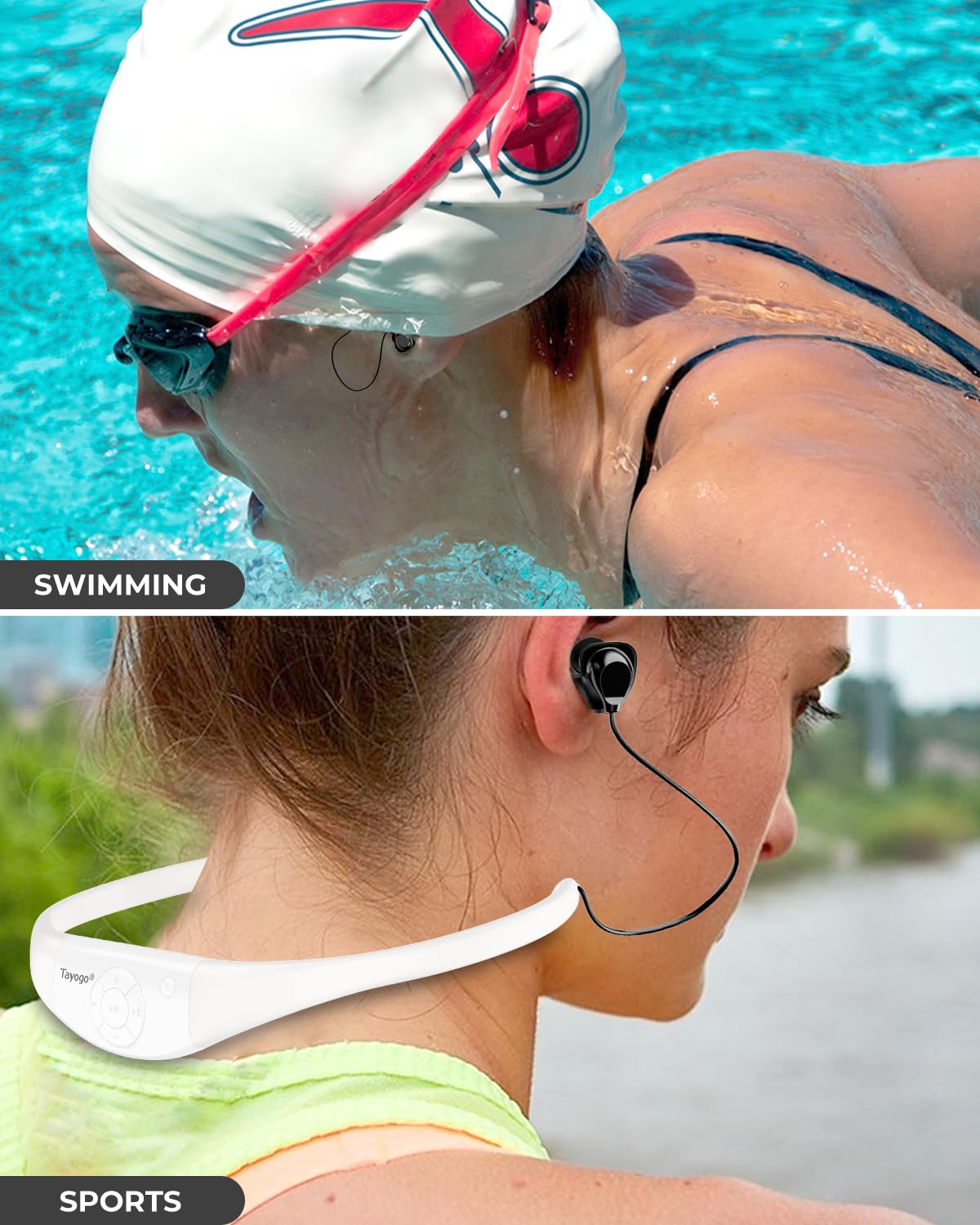 Tayogo IPX8 Waterproof MP3 Headphones for Swimming - 8GB Ultralight Swimming Headset with 20H Playtime, Underwater Music Player for Lap Swimming, Pool Workouts & Aquatic Exercise
