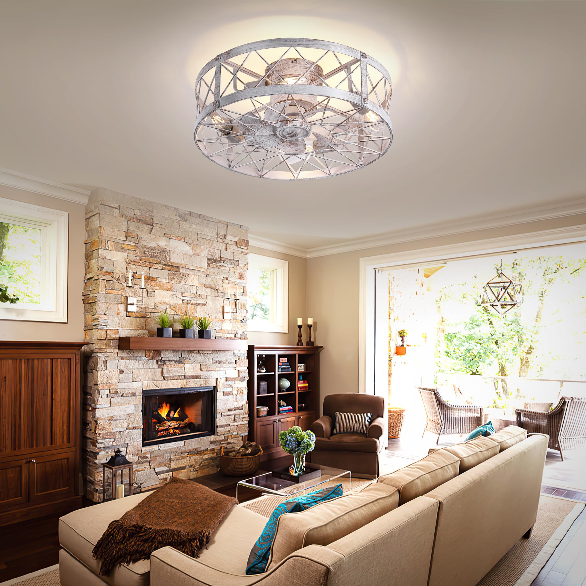 REDSTAR Retro Small Ceiling Fan with Light & Remote Control - Flush Mount Low Profile Caged Ceiling Fan for Bedroom, Living Room, Nursery - Energy Efficient Quiet Operation (White)