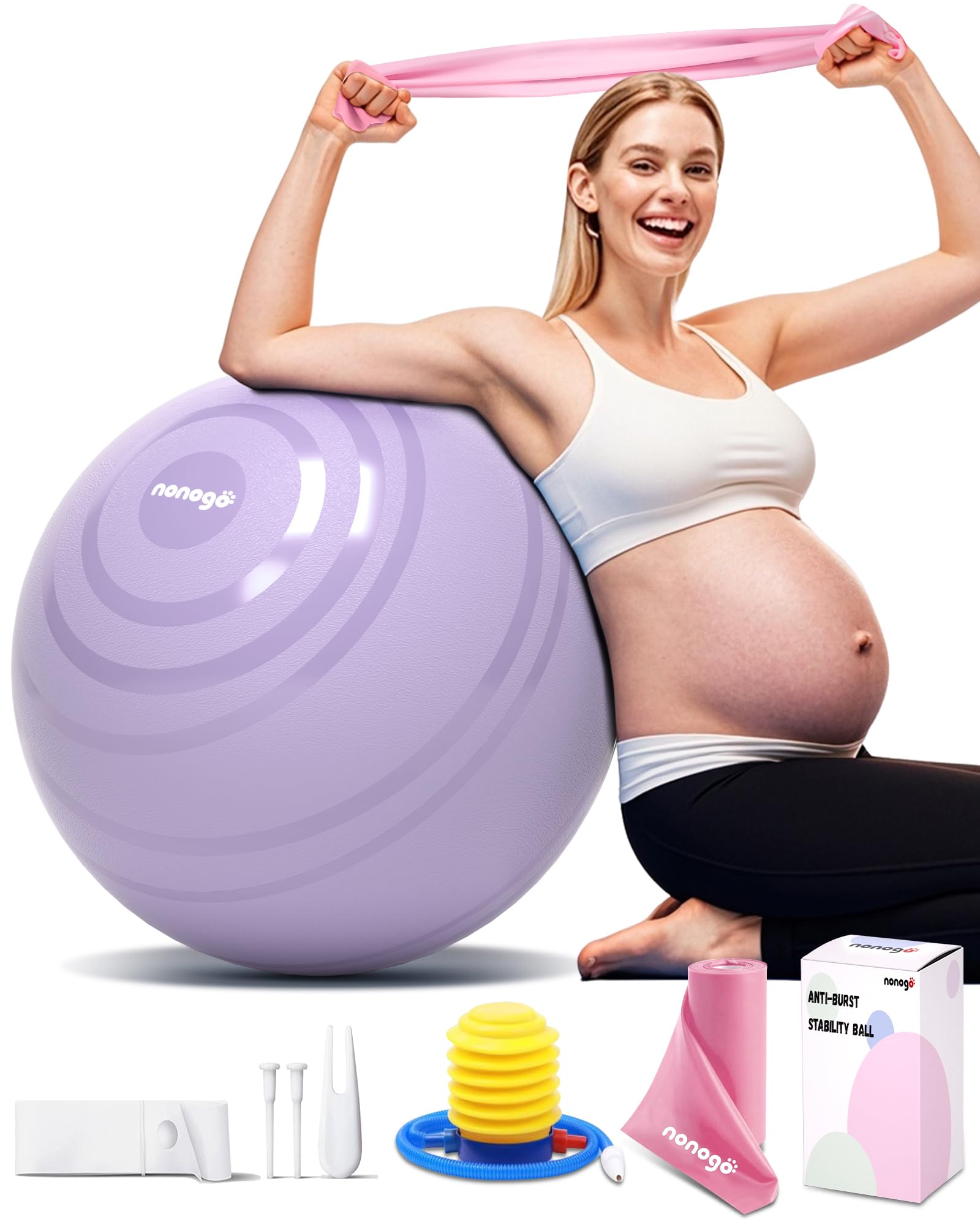 Nonogo Birthing Ball for Pregnancy with Resistance Bands - Exercise Ball for Yoga, Physical Therapy & Maternity Workouts - Stability Ball with Pump for Home Gym, Office & Pregnancy Fitness