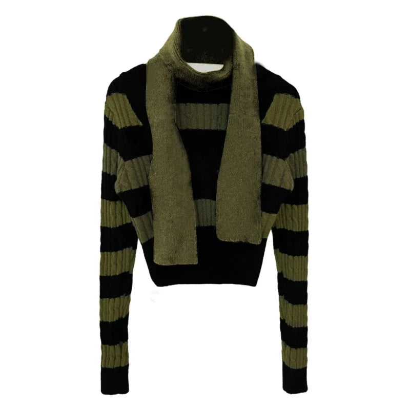 Elegant Scarf Collar & Cable Knit Long Sleeve Striped Skinny Sweater for Women | Winter Fashion Layering, Office Wear & Casual Outfits