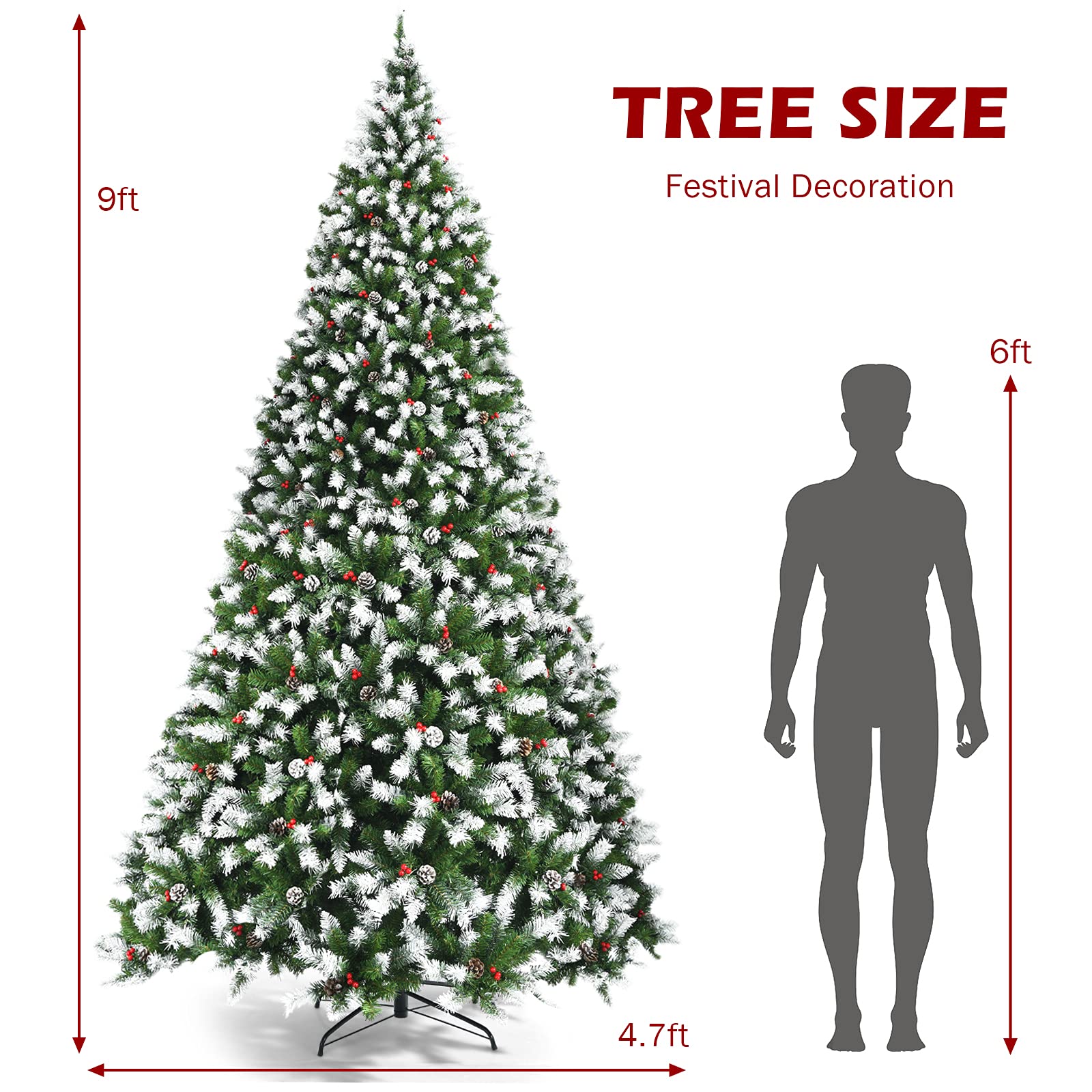 Goplus 9ft Pre-lit Artificial Christmas Tree with Snow Flocked Branches, Pine Cones & Red Berries - 900 Warm White LED Lights, 8 Lighting Modes for Indoor Holiday Decor - Perfect for Living Room, Office & Christmas Party Decoration