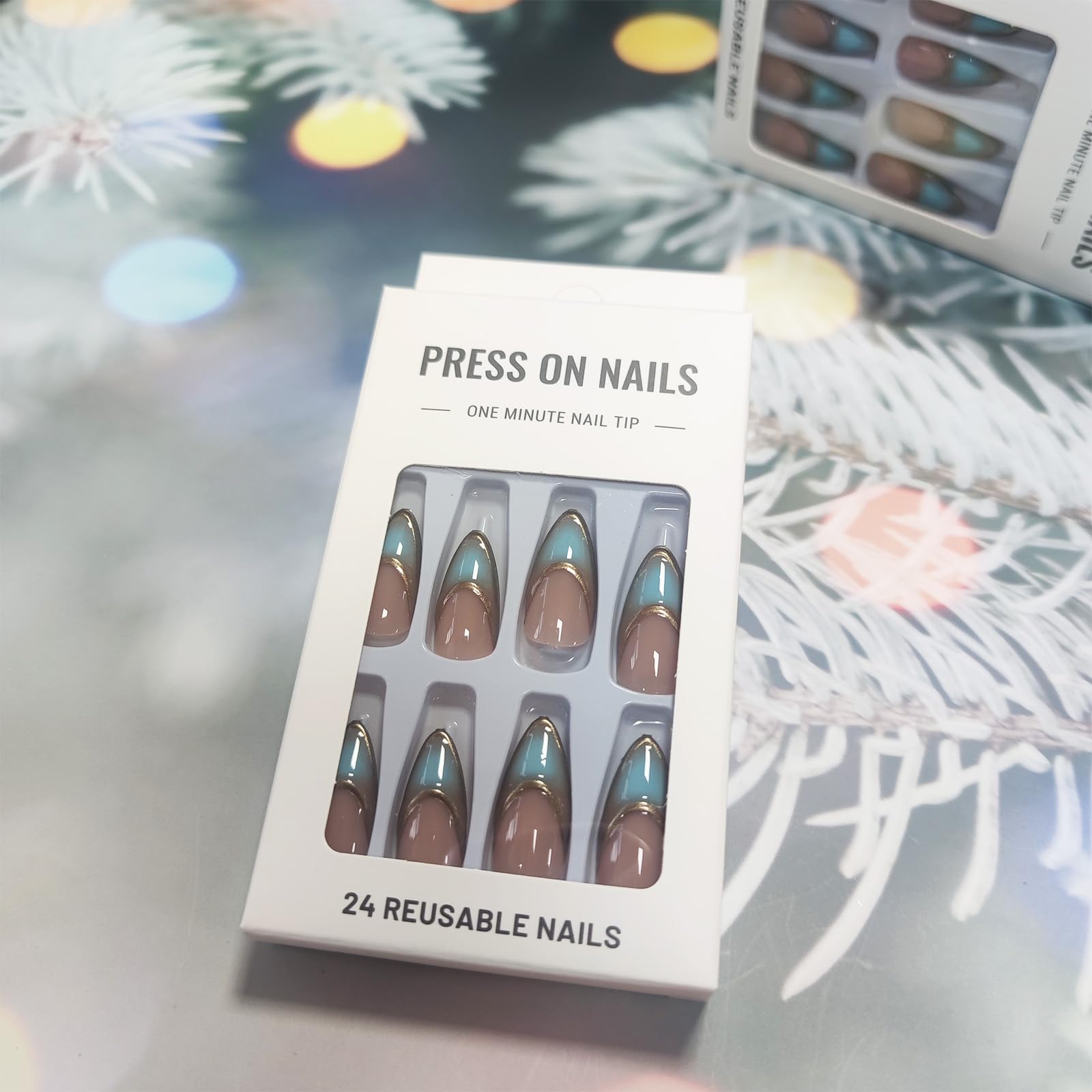 Blue Gradient French Tip Press on Nails - 24PCS 3D Gold Curve Design Ombre Acrylic Fake Nails Medium Almond Shape with Glossy Finish - Easy Glue on False Nails for Women & Girls - Perfect for Parties, Weddings, Date Nights and Special Occasions