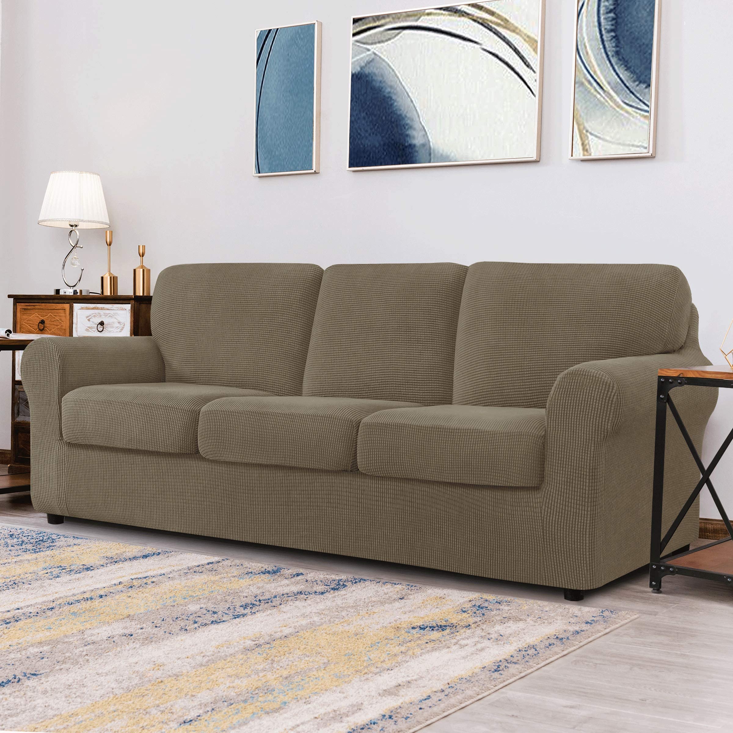 CHUN YI Loveseat Sofa Cover Set - Stretchable Jacquard Fabric Couch Slipcover with Detachable Backrest & Seat Cushions (Sand Checkered) - Perfect for Living Room, Bedroom, and Home Decor Protection
