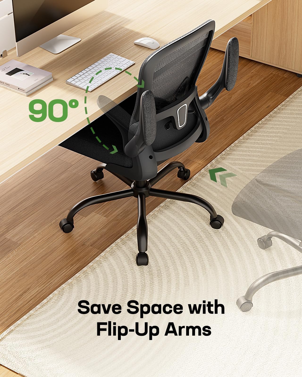 Ergonomic Mesh Office Chair with Adjustable Lumbar Support - Swivel Computer Desk Chair with Flip-Up Armrests for Home & Office Use - Black (Ideal for Long Work Hours, Gaming, and Remote Work)