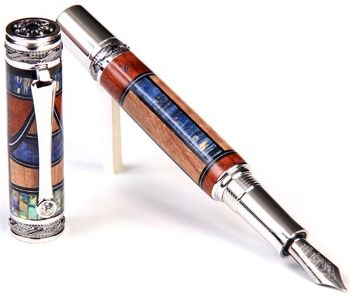 Lanier Majestic Fountain Pen - Black Titanium with Beeswing Narra, Pyinma & Blue Box Elder Wood - Elegant Paua Abalone Inlays | Premium Writing Instrument for Business Professionals & Gift Giving