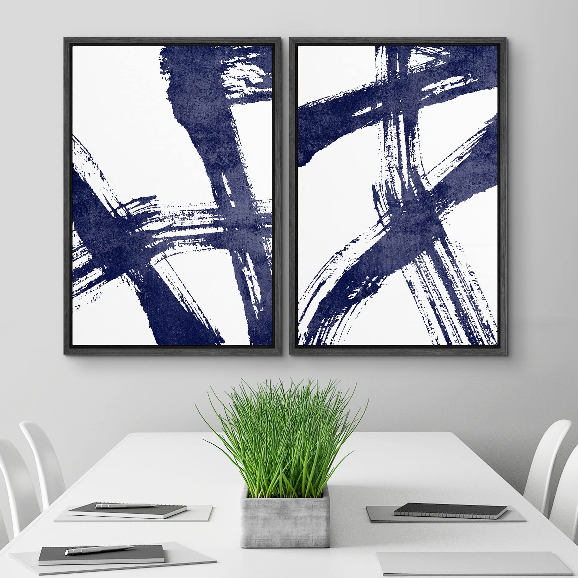 Ashbrook Framed Canvas Print Wall Art Set - Blue & White Abstract Paint Stroke Modern Art for Living Room, Bedroom, Office Decor - 16x24 Inches Black Frame | Perfect for Home, Office & Gift Giving