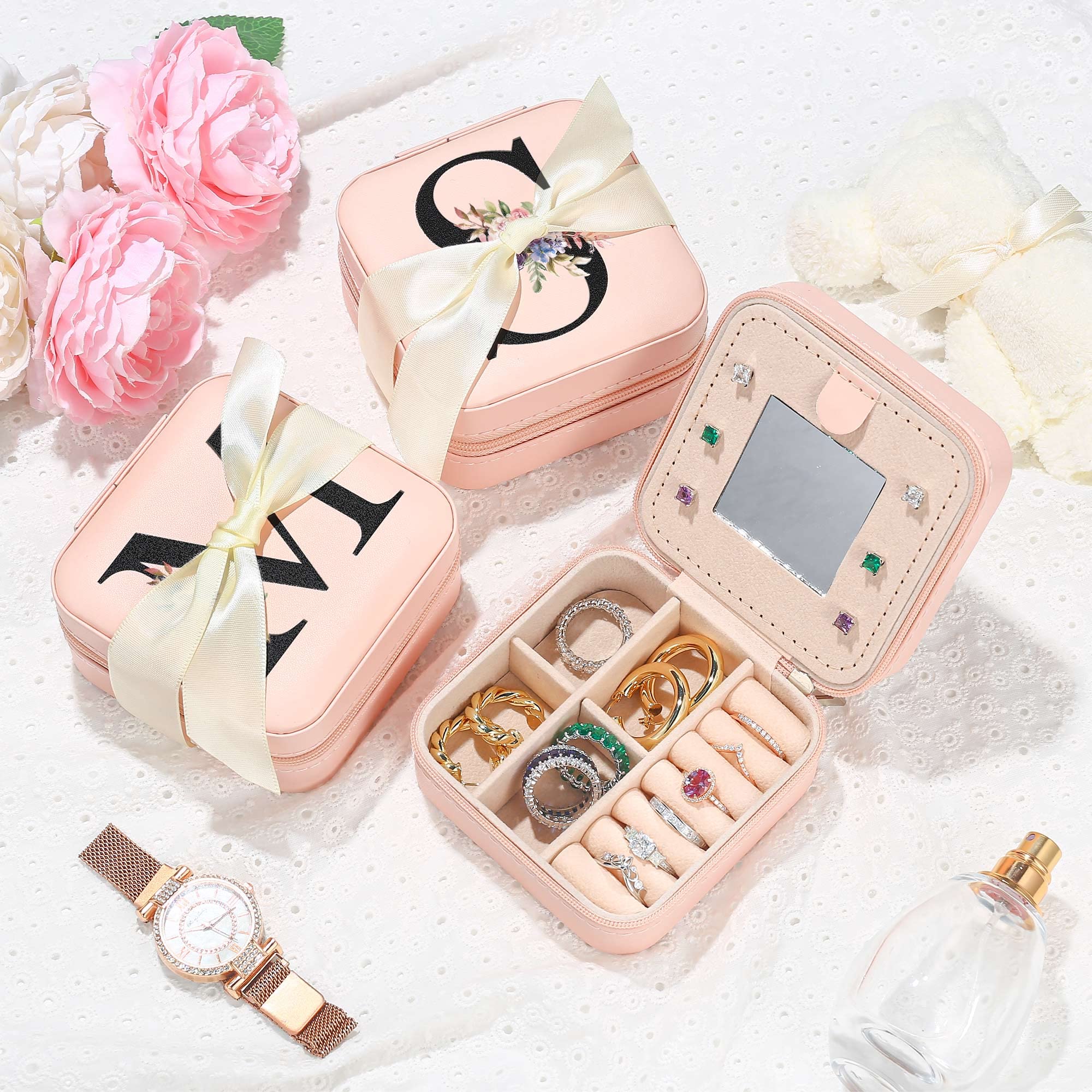 Parima Personalized Pink Jewelry Organizer Box for Women & Girls - Travel Jewelry Case with Letter J Design | Necklace, Earring & Ring Storage | Perfect for Travel, Gifts & Daily Jewelry Organization