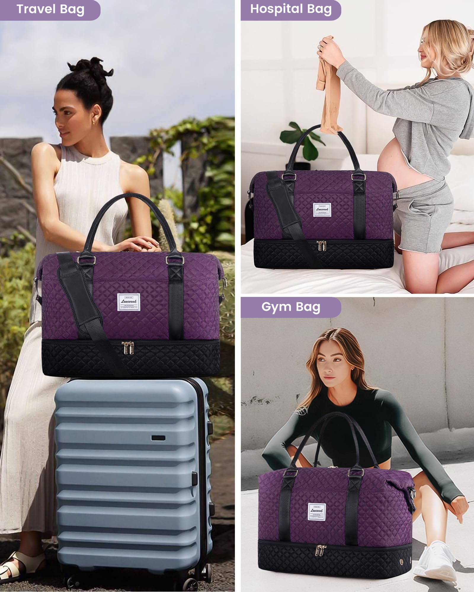 LOVEVOOK Women's Travel Weekender Bag with Shoe Compartment - 3 Piece Carry On Overnight Duffle Bag Set for Gym, Yoga, Hospital & Labor Delivery - Includes Wet Pocket for Toiletries - Perfect for Weekend Getaways, Business Trips & Maternity Hospital Stays