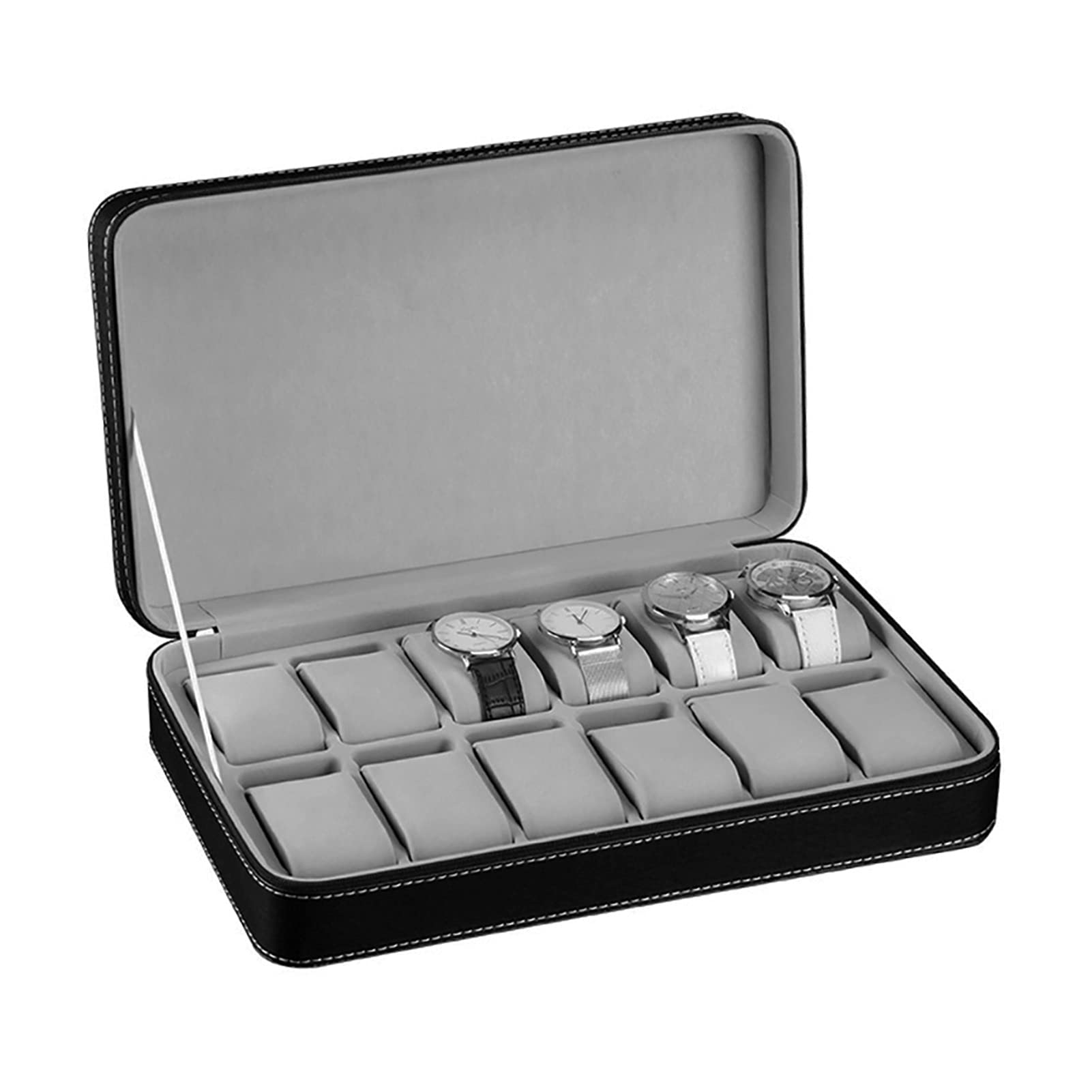 Qqiao Store 12-Slot Black Watch Box - Portable Travel Zipper Case for Watches Collector, Faux Leather Storage Organizer Holder - Perfect Gift for Watch Enthusiasts | Ideal for Travel, Home Display & Watch Collection Organization