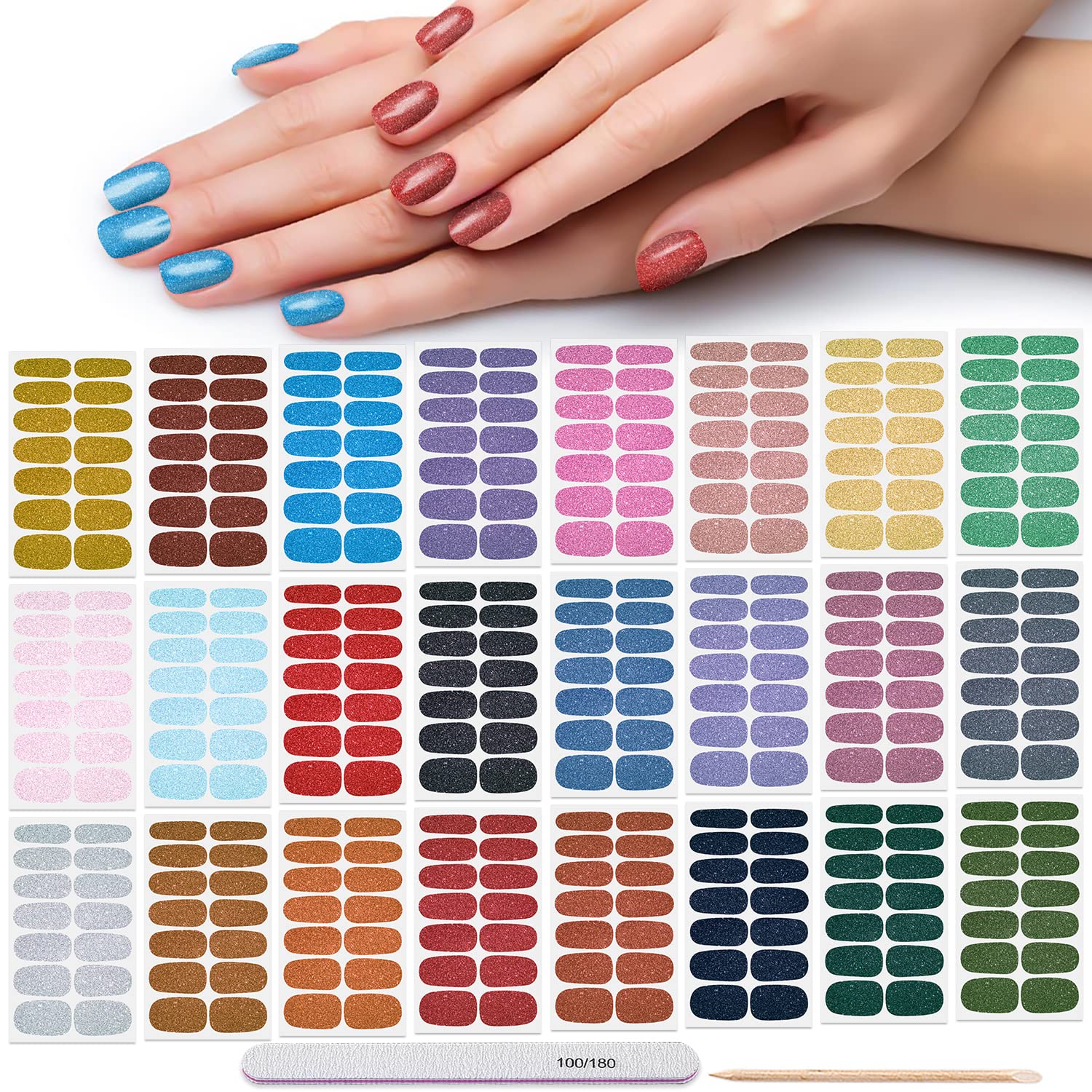 DANNEASY 24 Sheets Glitter Nail Polish Stickers - Self Adhesive Nail Wraps for Women, DIY Gel Nail Strips Manicure Kit with Nail File & Cuticle Stick | Perfect for Home Nail Art, Parties, Gifts, Special Occasions, Weddings, Holidays, Everyday Wear | Salon, Spa, Bridal, Prom, Vacation & Beauty Enthusiasts | Easy to Apply Long-Lasting Nail Decals for Fingers & Toes