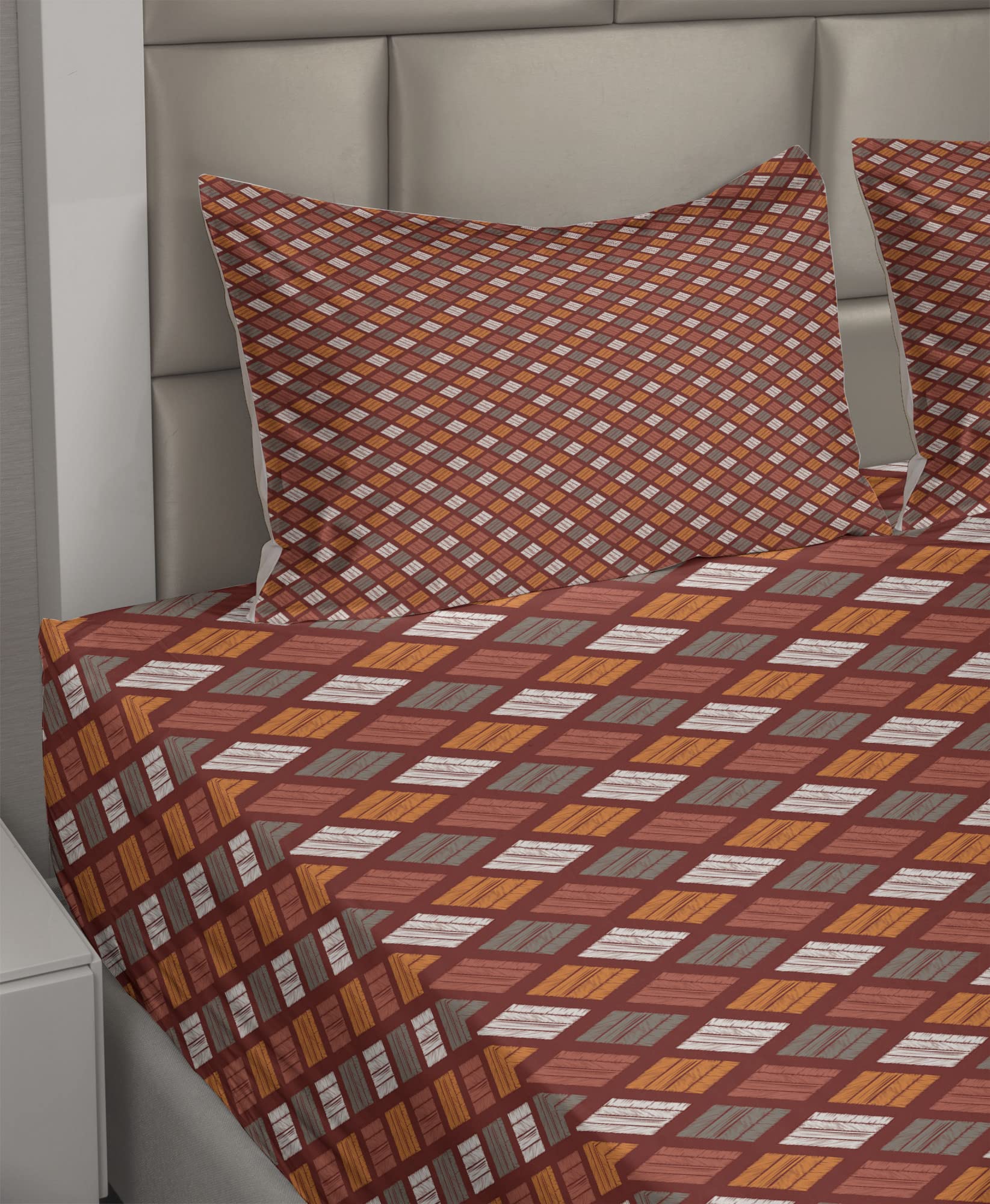 Ambesonne Abstract Geometric Bed Sheet Set - 4 Piece King Size with Fitted Sheet, Flat Sheet & Pillowcases - Warm Maroon Orange Dimgray Traditional Inspired Design - Perfect for Modern Bedrooms, Guest Rooms & Airbnb Styling