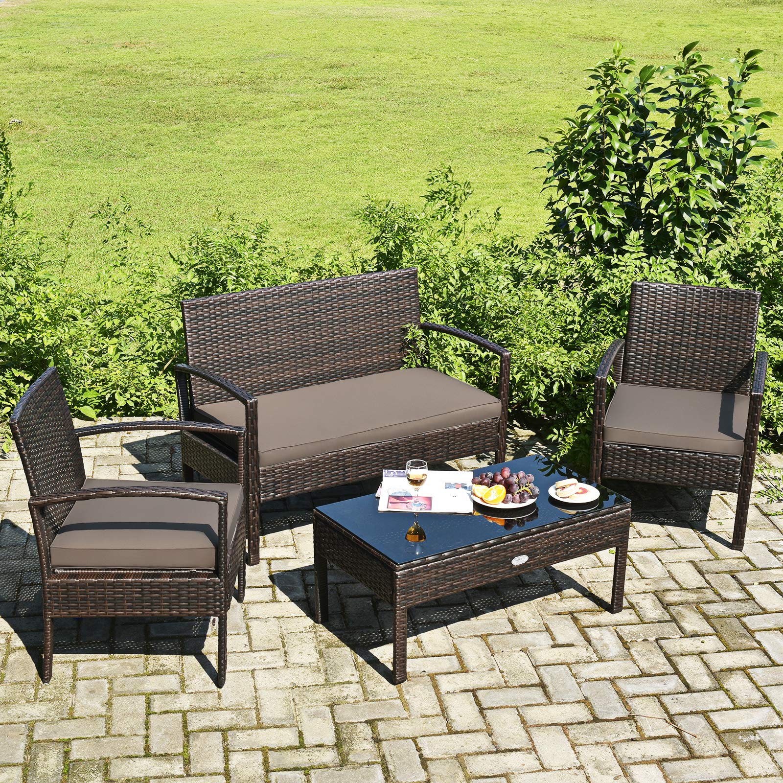 Tangkula 4-Piece Brown Wicker Patio Furniture Set - Outdoor Rattan Chairs & Coffee Table with Washable Cushions for Garden, Balcony, Courtyard | Perfect for Relaxing, Entertaining & Outdoor Dining