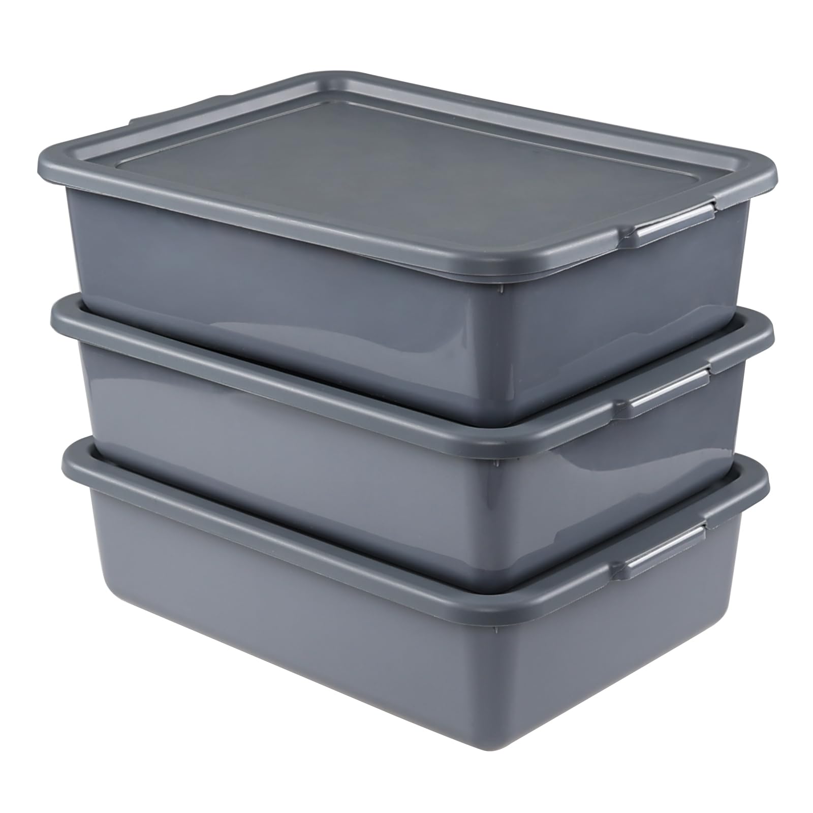 13L Plastic Bus Tray with Lids - Set of 3 Grey Commercial Food Storage Containers for Restaurants, Catering & Meal Prep | Durable Stackable Tote Boxes for Kitchen Organization & Transport