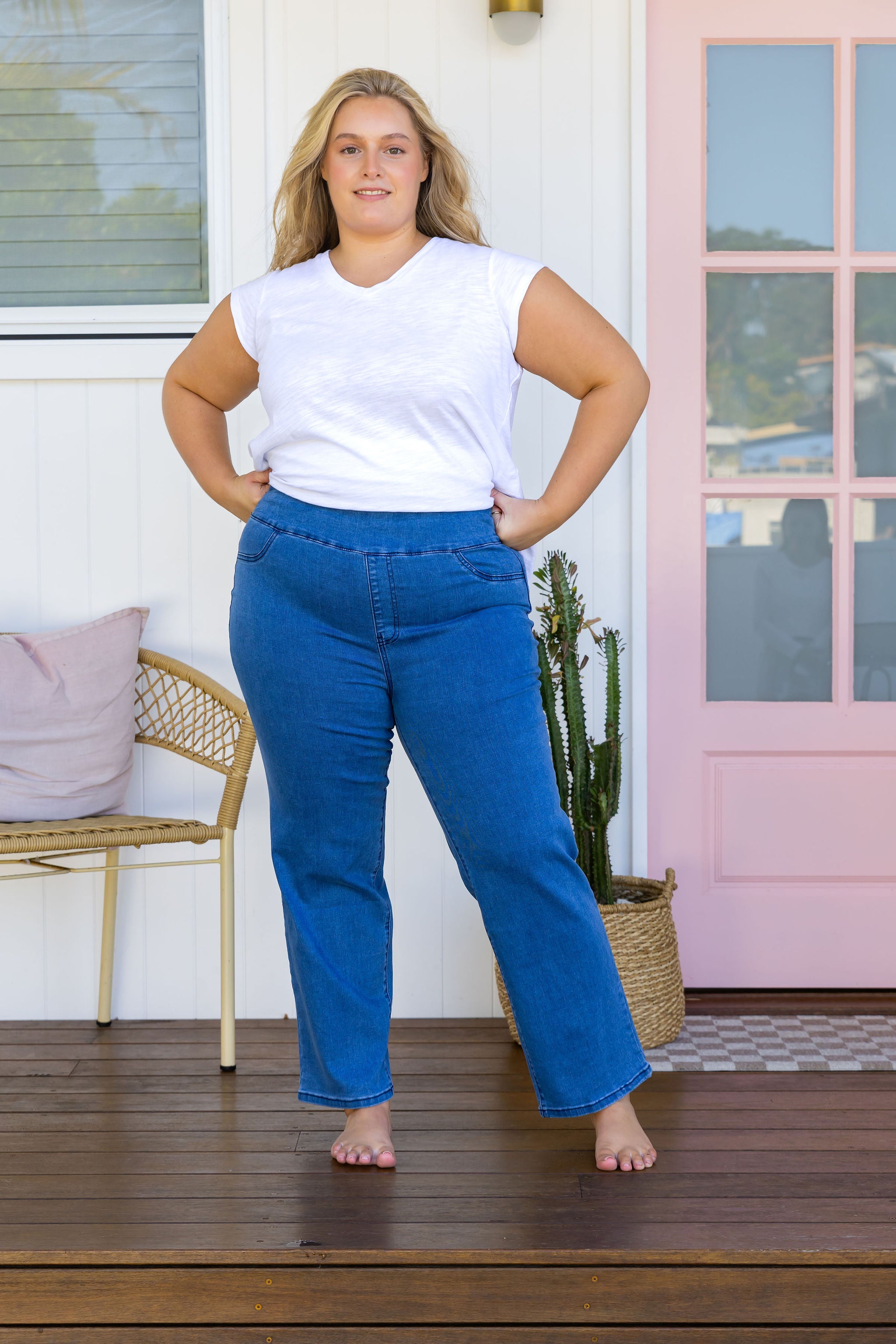 Lara Pull-On Jeans for Women - Mid Blue Denim Stretch Pants - Comfortable & Stylish for Casual Wear, Office, and Travel