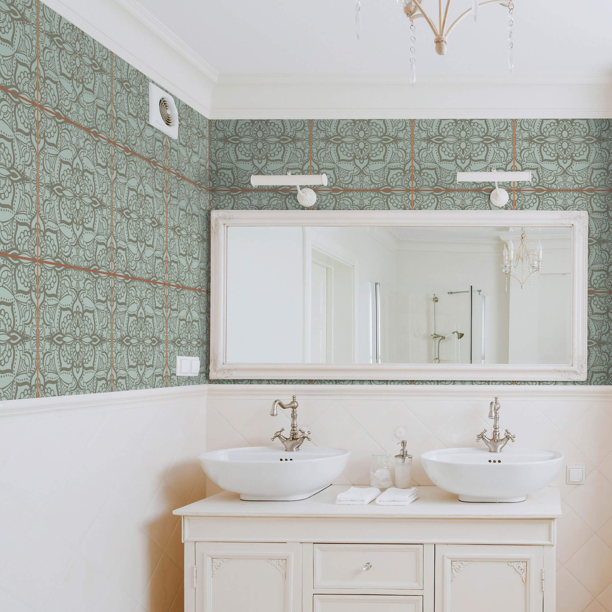 Green and Grey Damask Tile Adhesive Peel and Stick Removable Wallpaper - Self-Adhesive Wallpaper for Kitchen Backsplash, Bathroom, and Home Decor