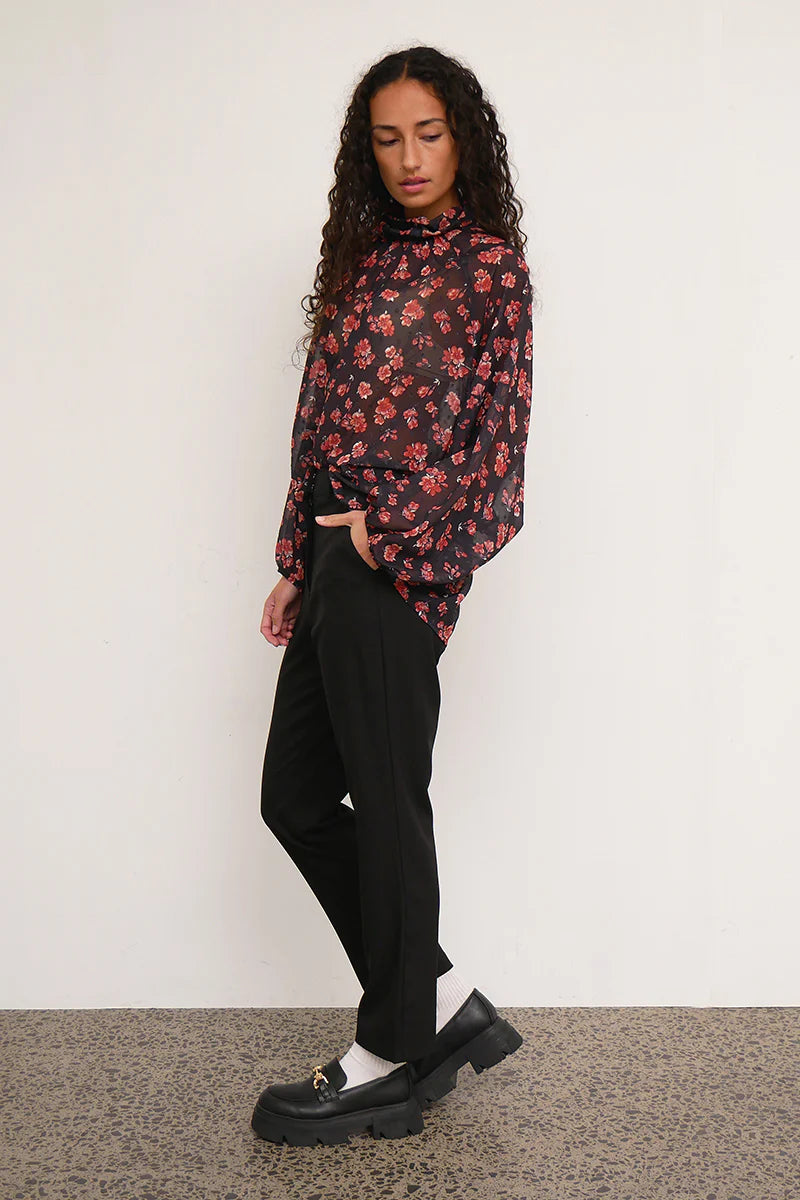 Floret High Neck Red Floral Blouse for Women | Elegant Floral Print Tops | Perfect for Office, Date Night & Spring Outfits