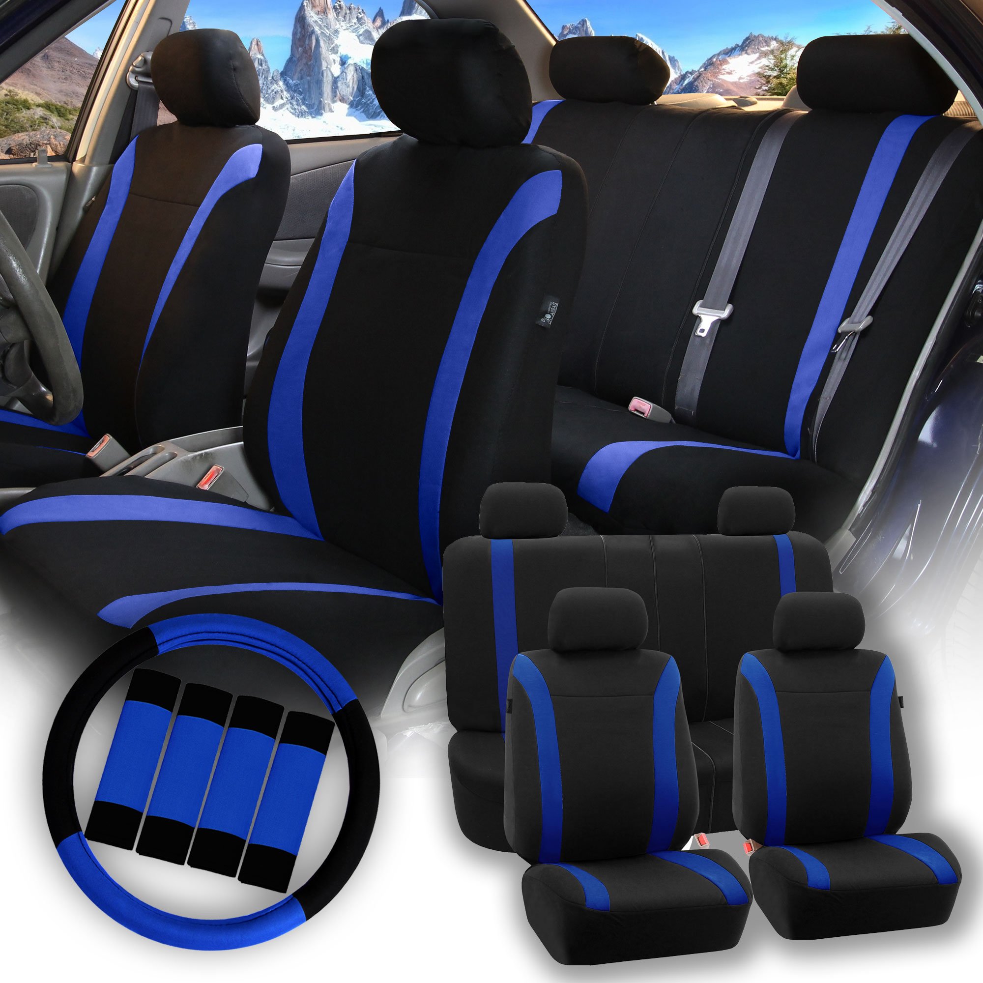 Premium FH Group Car Seat Covers Set - Universal Fit for Cars, Trucks & Vans | Blue Cosmopolitan Flat Cloth Design with Steering Wheel Cover & Seat Belt Pads | Airbag Compatible & Split Rear Design | Perfect for Daily Commute, Road Trips & Family Travel