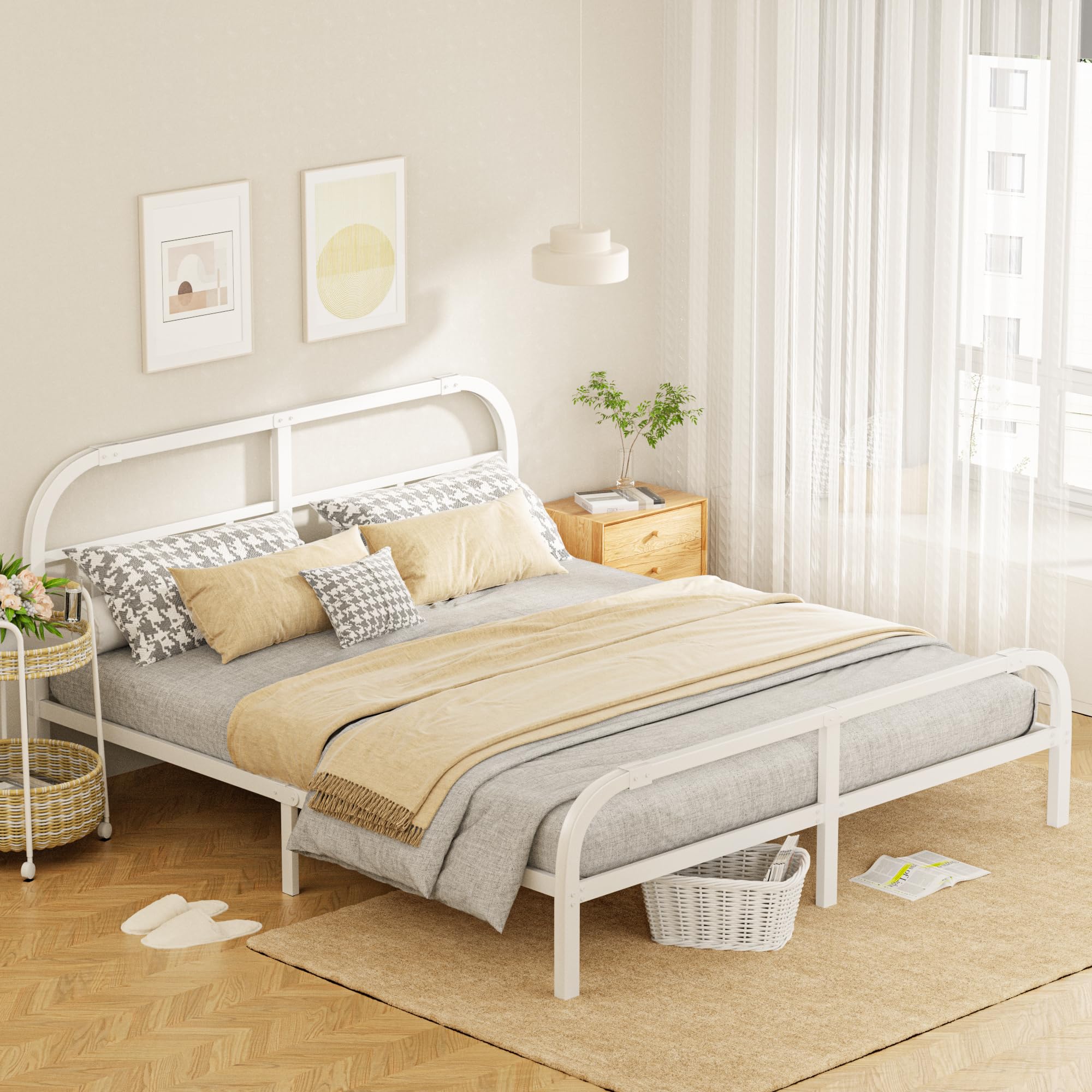 ONEMO 14 Inch California King Bed Frame with Headboard & Footboard - Heavy Duty Metal Platform Bed Frame with Sturdy Steel Support for 2000lbs - Quiet Anti-Slip Mattress Foundation in White - Perfect for Master Bedroom, Guest Room & Dormitory