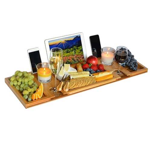 Premium Bamboo Bathtub Caddy Tray with Book Holder, Tablet Stand, Phone Slot & Wine Glass Holder - Relaxing Bath Accessories for Spa, Reading & Wine Time