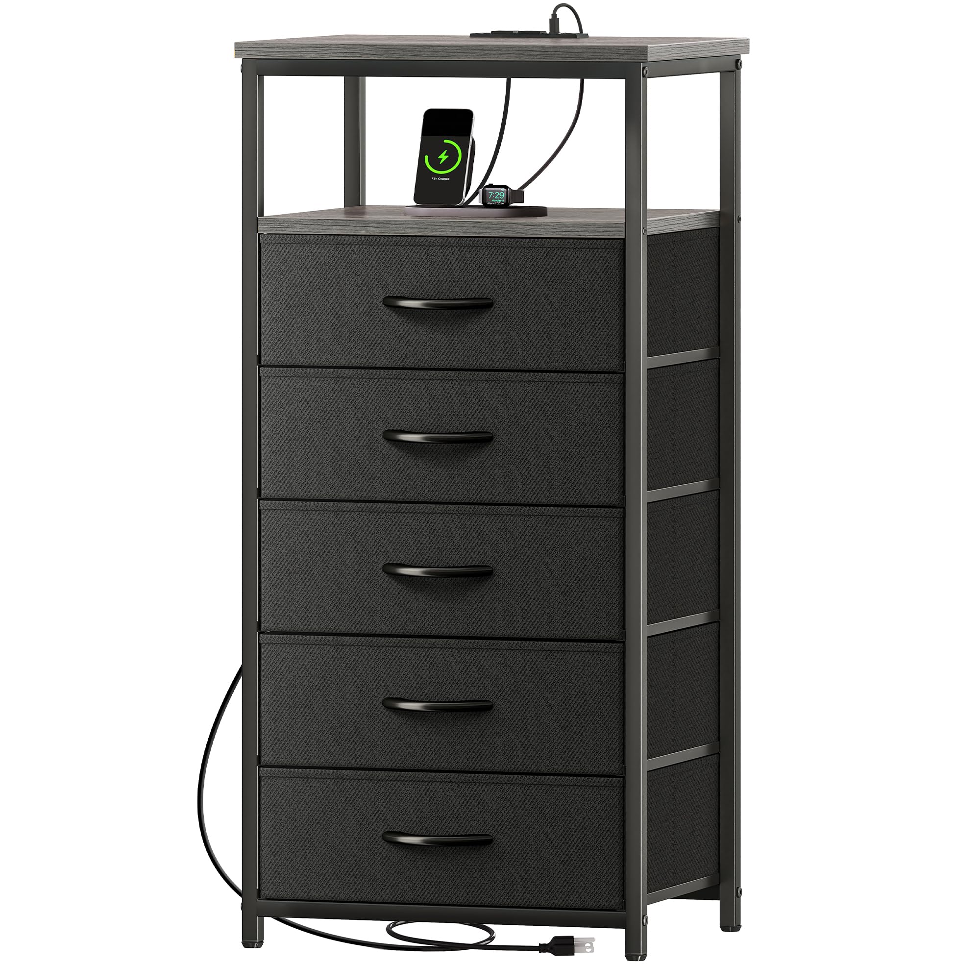 Huuger 5-Drawer Tall Dresser with USB Charging Station, Fabric Bedroom Chest of Drawers with Open Shelf - Gray Nightstand for Bedside Storage & Organization | Perfect for Small Spaces, Apartments & Dorm Rooms
