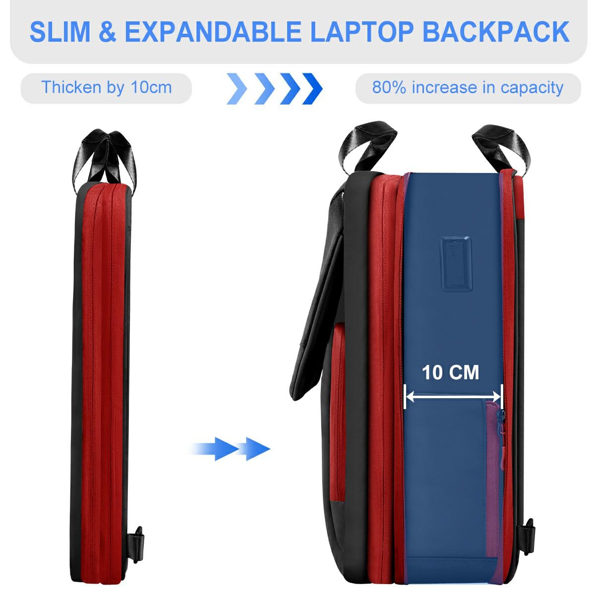 ZINZ Slim & Expandable 15.6 16 17 Inch Laptop Backpack - Water-Resistant Travel Business Backpack for Men & Women (Black/Red) - Perfect for Work, School & Daily Commute