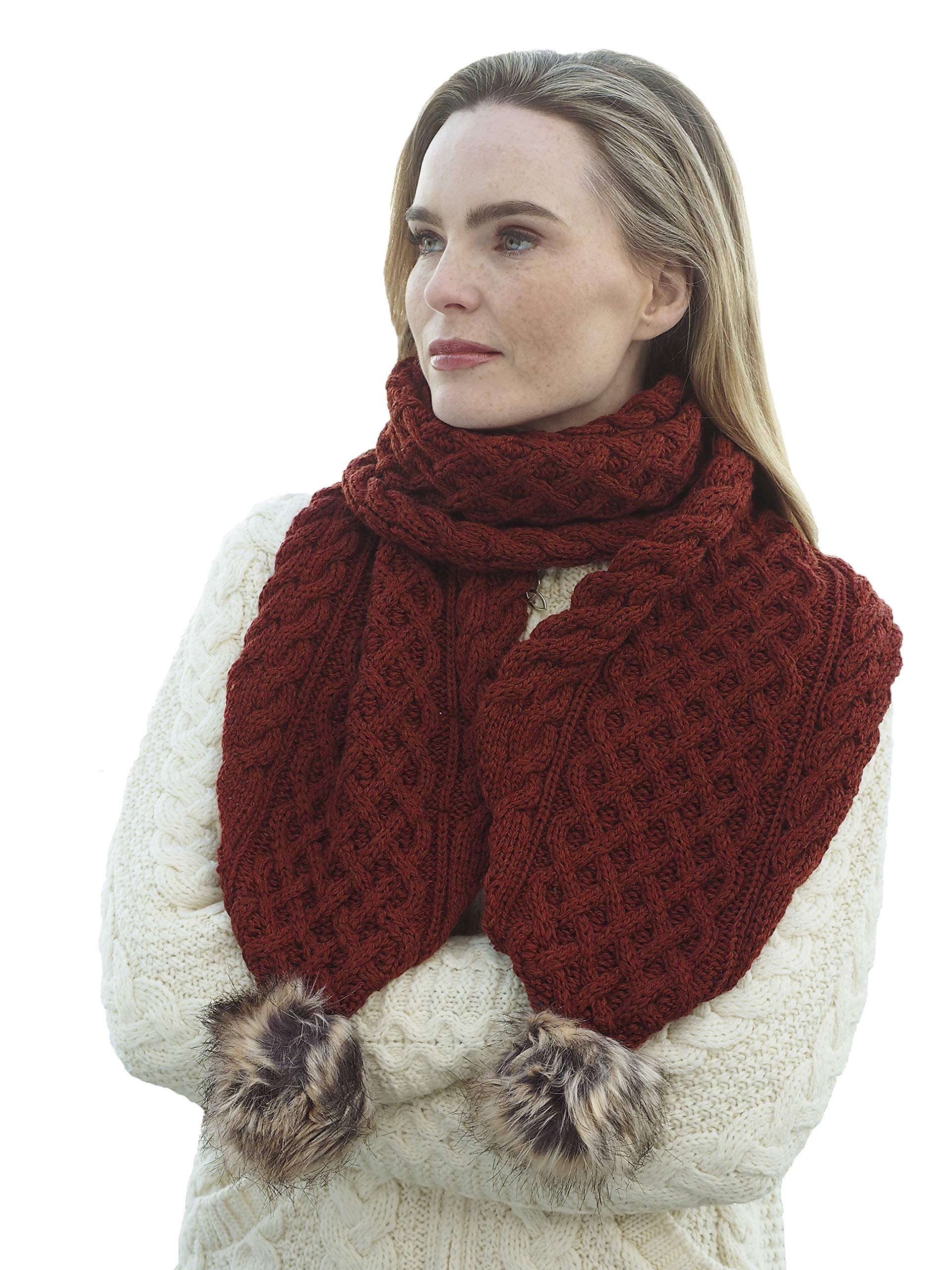 Aran Crafts Irish Cable Knit Wool Scarf with Faux Fur Pom - 10