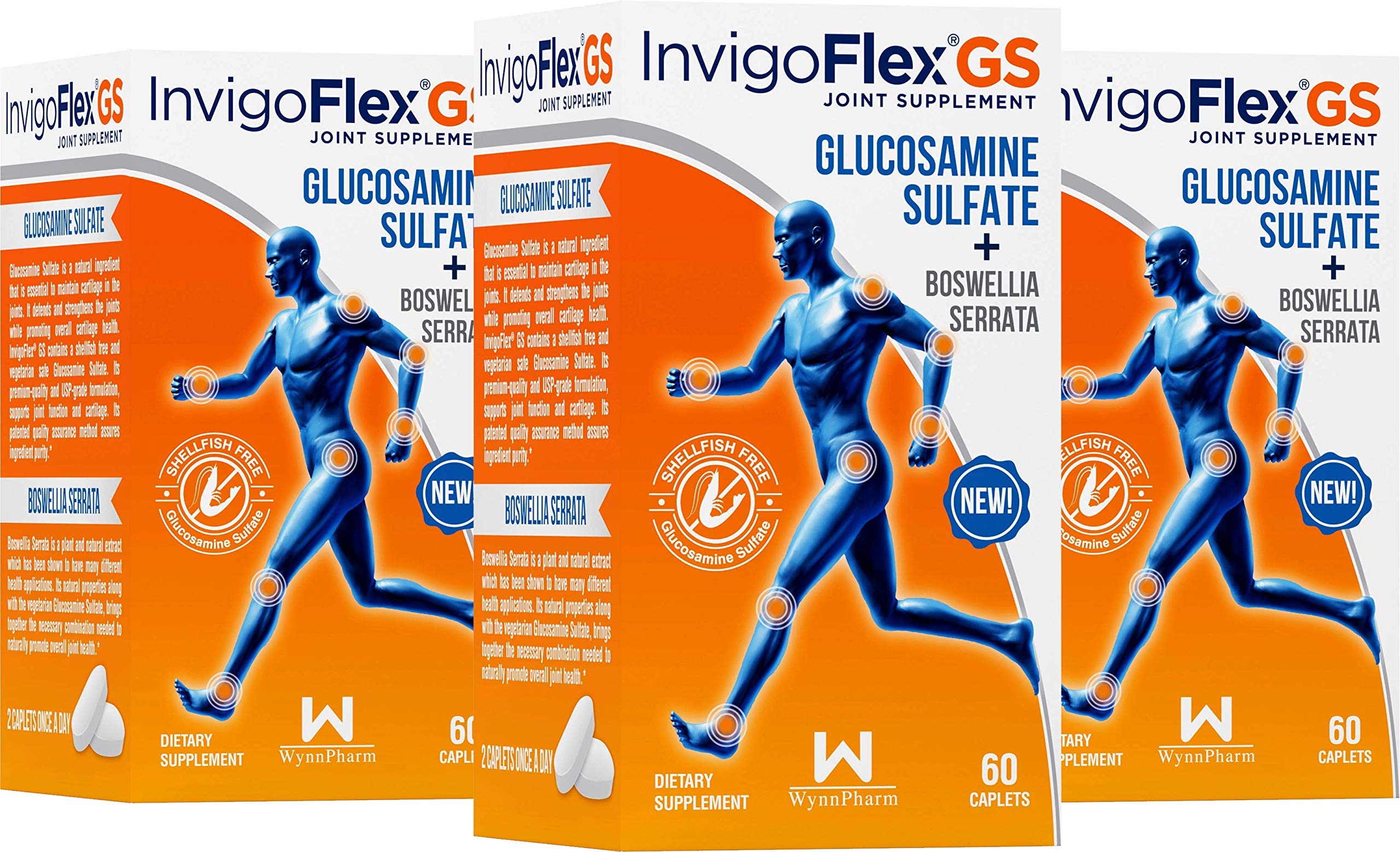 INVIGOFLEX Glucosamine Sulfate Joint Supplement - Shellfish Free, Sodium Free, Vegetarian Safe, Non-GMO, Gluten Free with Boswellia Serrata - Premium Joint Support Formula - 3 Pack - Ideal for Active Lifestyles, Athletes & Seniors