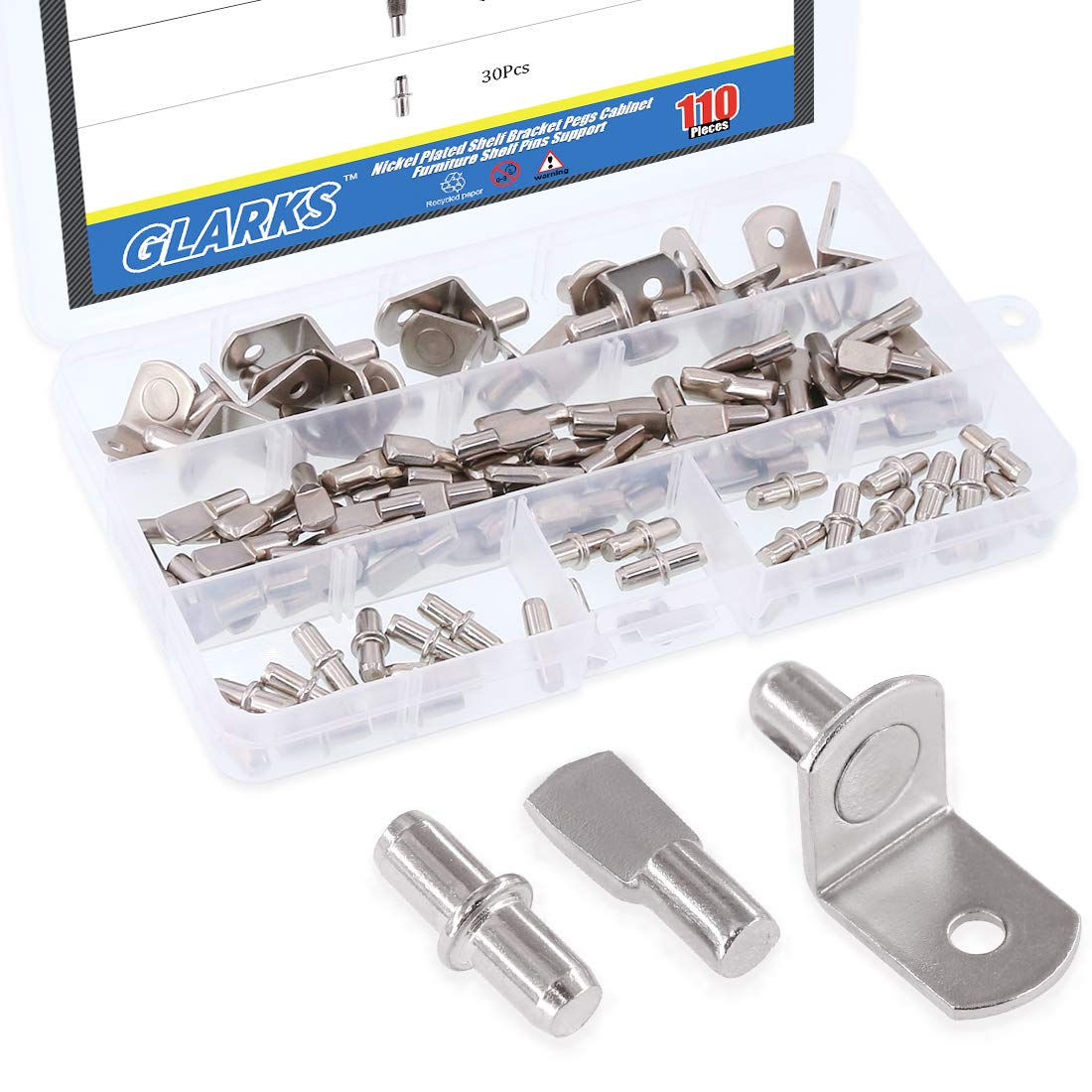 Glarks 110-Pieces Nickel Plated Shelf Bracket Pegs - Heavy Duty Cabinet & Furniture Shelf Pins Support Kit (3 Styles, Silver) - Perfect for Kitchen Cabinets, Bookshelves & DIY Storage Solutions