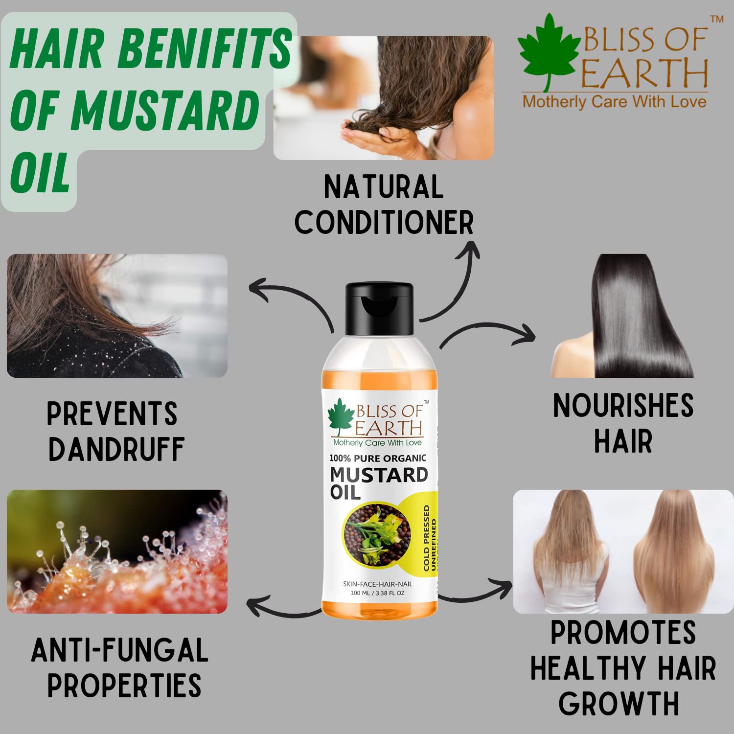 100% Pure Organic Cold Pressed Mustard Oil for Hair & Skin - Hexane Free, Baby-Friendly, Antibacterial - Bliss of Earth 100ml | Promotes Hair Growth, Scalp Care & Massage