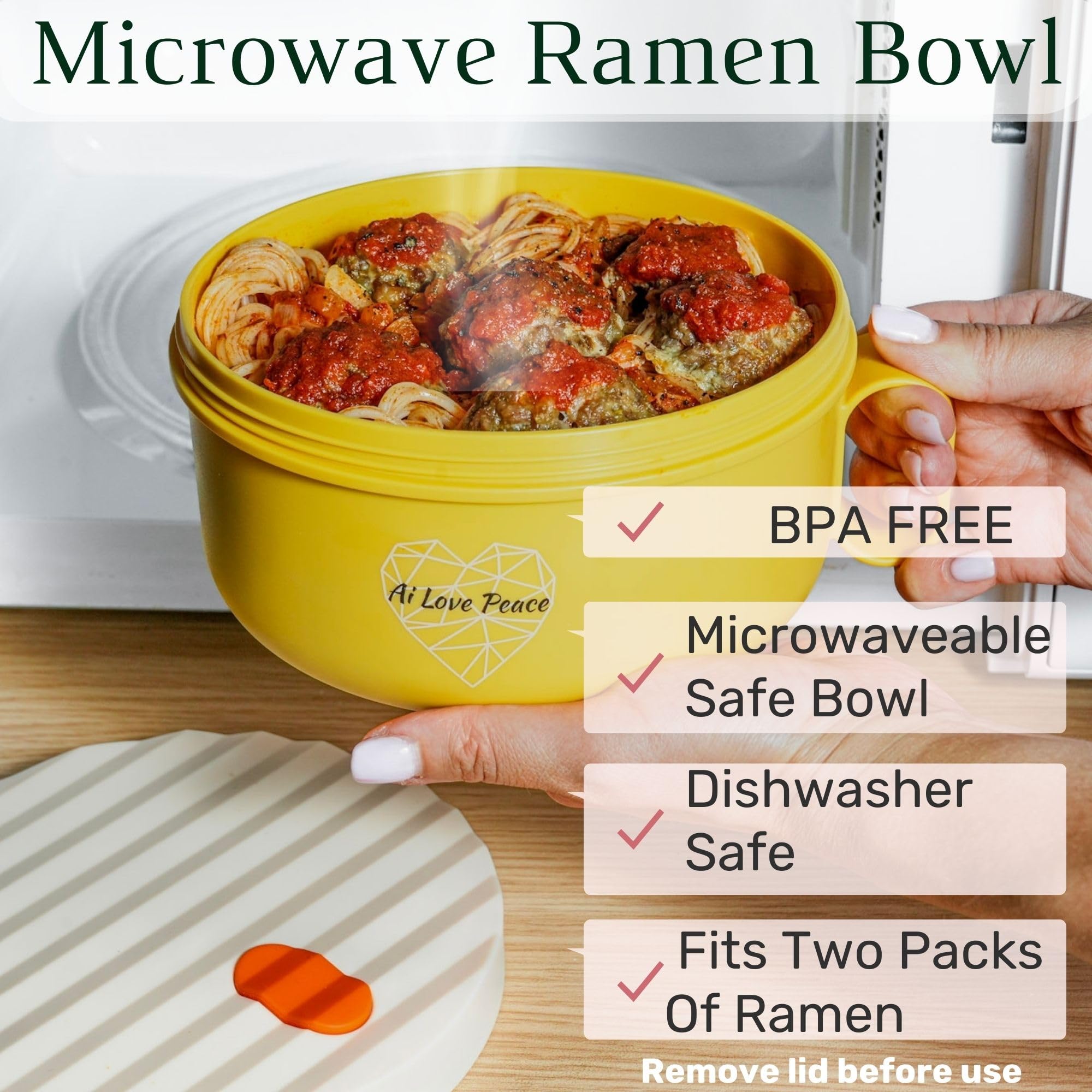 AI LOVE PEACE 40oz Large Microwave Ramen Bowl with Lid - BPA-Free Noodle Cooker for Home, Office & Dorm - Perfect for Instant Ramen, Soup, Pasta & College Gifts (Portable & Microwavable)