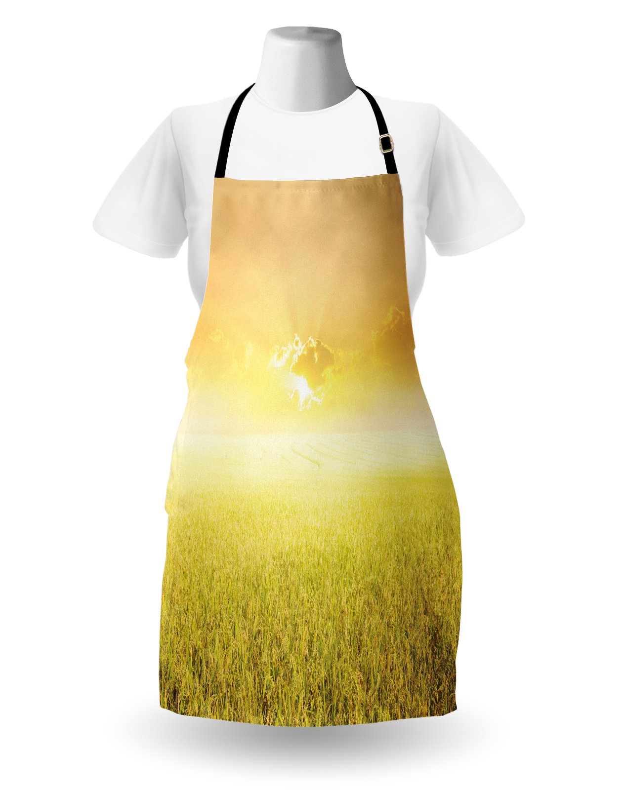 Ambesonne Yellow Apron - Farmhouse Sunset Design, Adjustable Unisex Kitchen Bib for Cooking, Baking, Gardening | Durable & Stylish for Home Chefs, BBQ, Pottery & Outdoor Activities