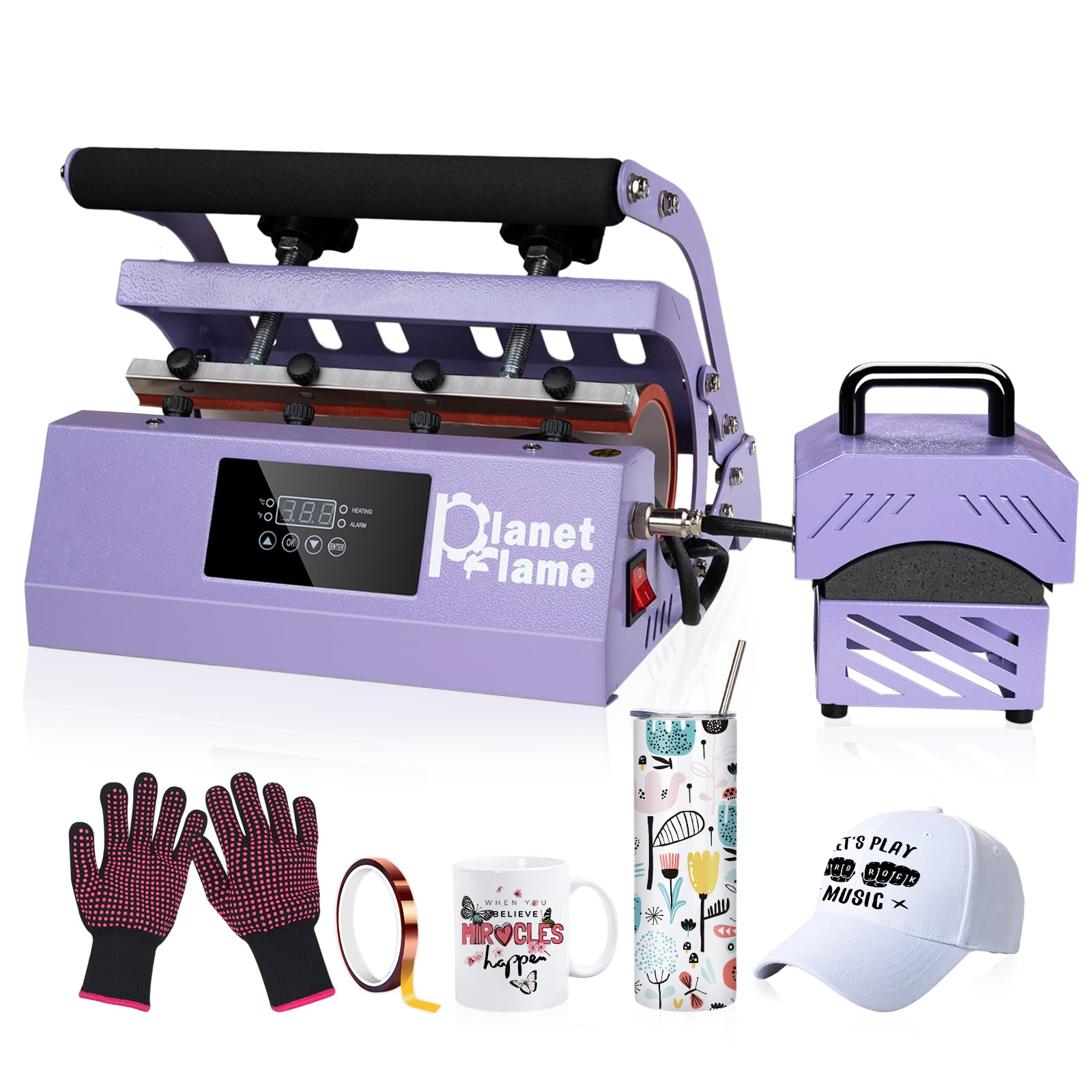 2-in-1 Heat Press Machine for Tumbler & Hat - Sublimation Printing for 11oz-30oz Cups & All Caps - Includes Heat Resistant Gloves & High Temp Tape (Purple) - Perfect for DIY Custom Drinkware & Fashion Accessories at Home or Small Business
