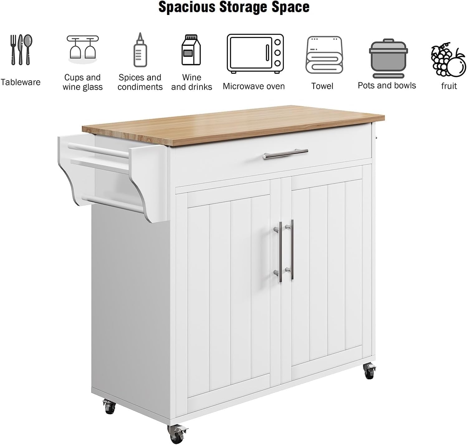 Wooden Rolling Kitchen Island Cart with Countertop - Mobile Kitchen Storage on Wheels, Includes Towel Rack, Spice Rack & Drawers - White | Perfect for Small Kitchens, Apartments & Food Prep Stations