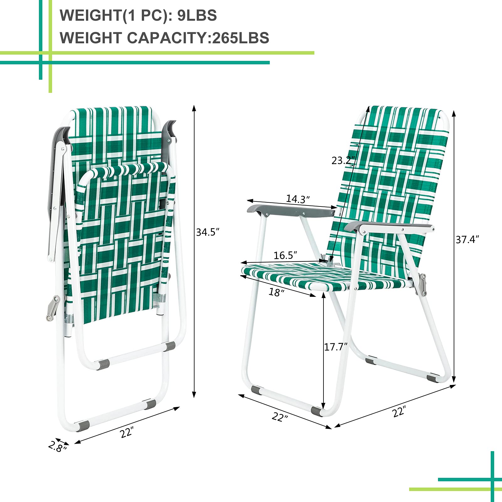 2 Pack Portable Folding Beach Chairs - 265lbs Capacity Lightweight Outdoor Chairs with Steel Frame for Patio, Lawn, Pool, Camping & Beach (Lime Green) - Perfect for Relaxing, Sunbathing & Outdoor Gatherings