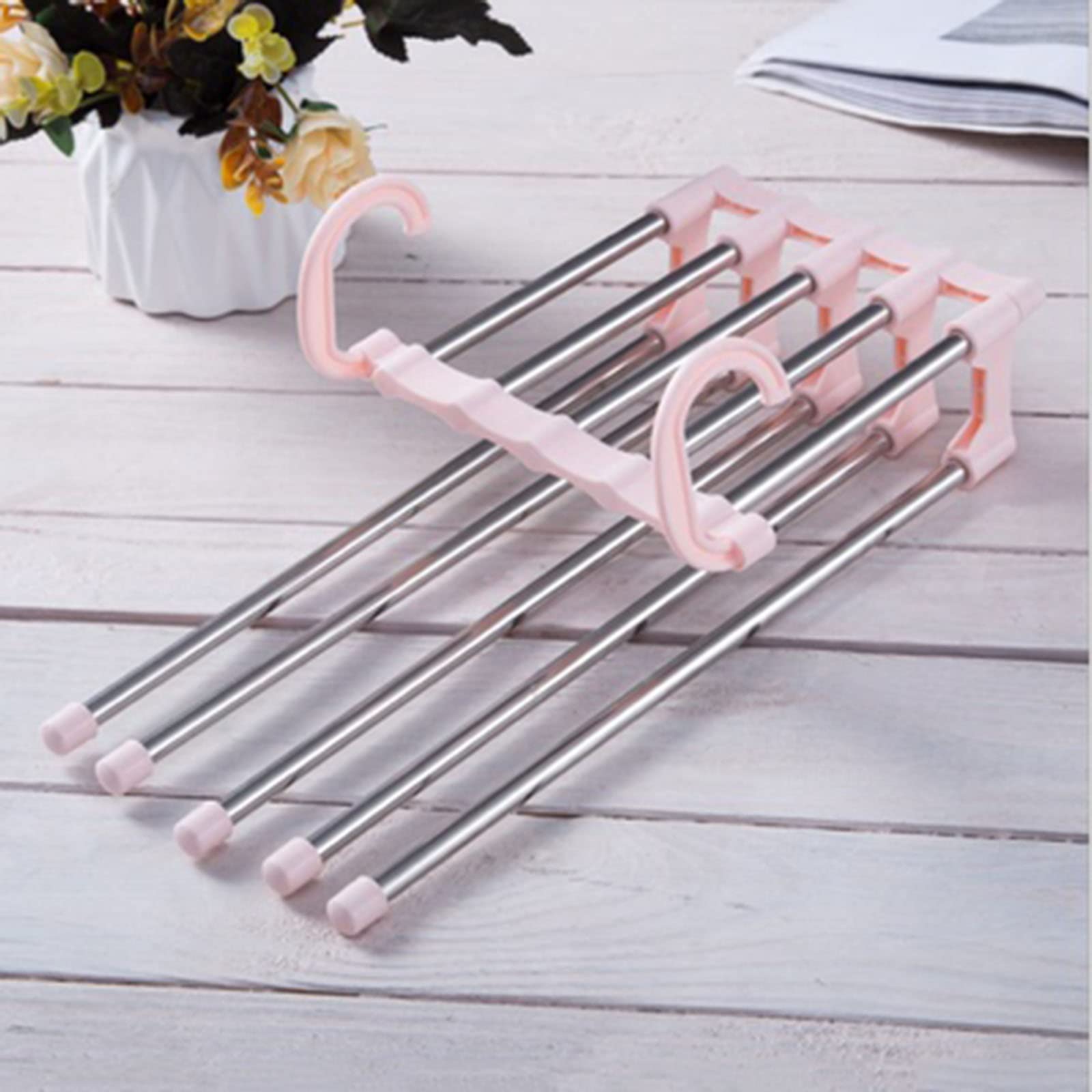 3-Tier Folding Pants Hanger with Retractable Design - Space Saving Closet Organizer for Trousers, Jeans & Skirts - Multi-Layer Magic Clips for Home & Office Wardrobe Storage (Pink) - Perfect for Small Closets, Dorm Rooms & Travel Use