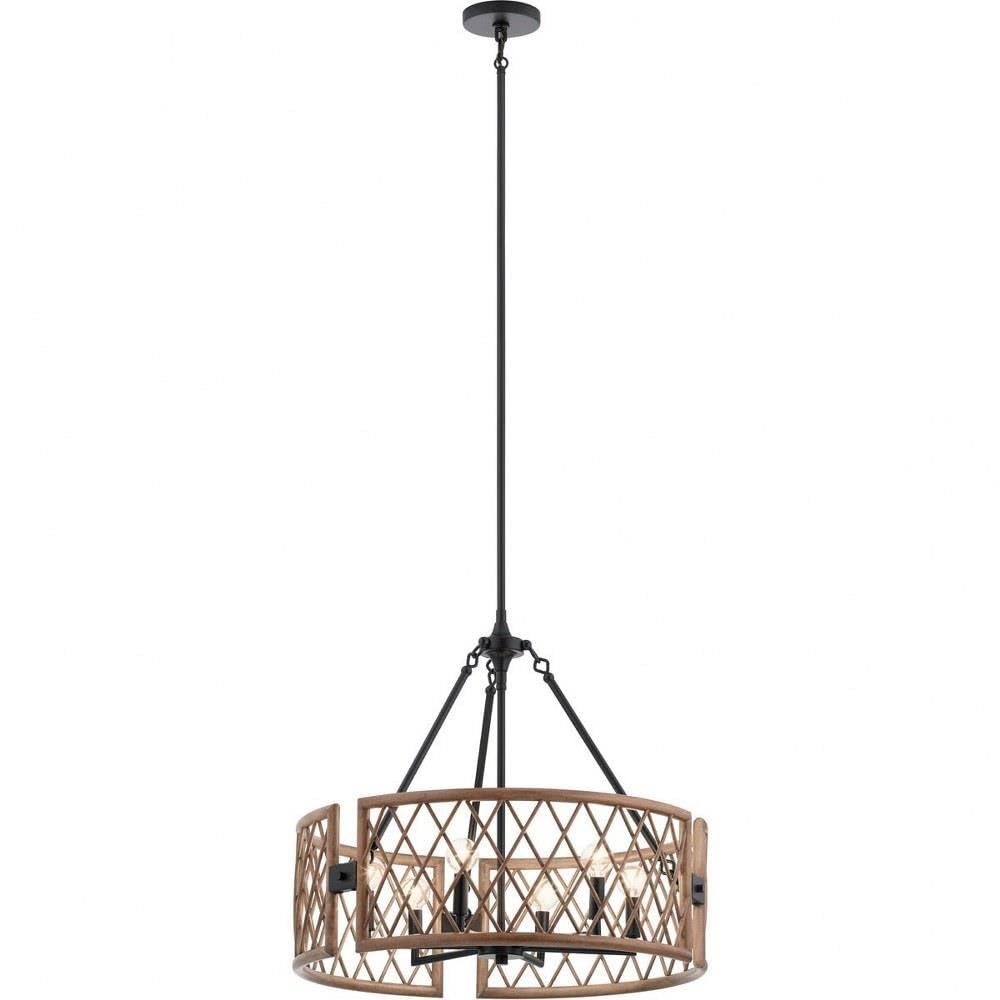 6-Light Country Rustic Wood Lattice Drum Shade Chandelier - Farmhouse Ceiling Light Fixture for Dining Room, Kitchen, Living Room & Bedroom