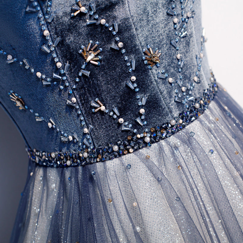 Elegant Off Shoulder Velvet Tulle Prom Dress with Beaded Details - Long Evening Gown for Homecoming, Ball & Formal Events - Size 155