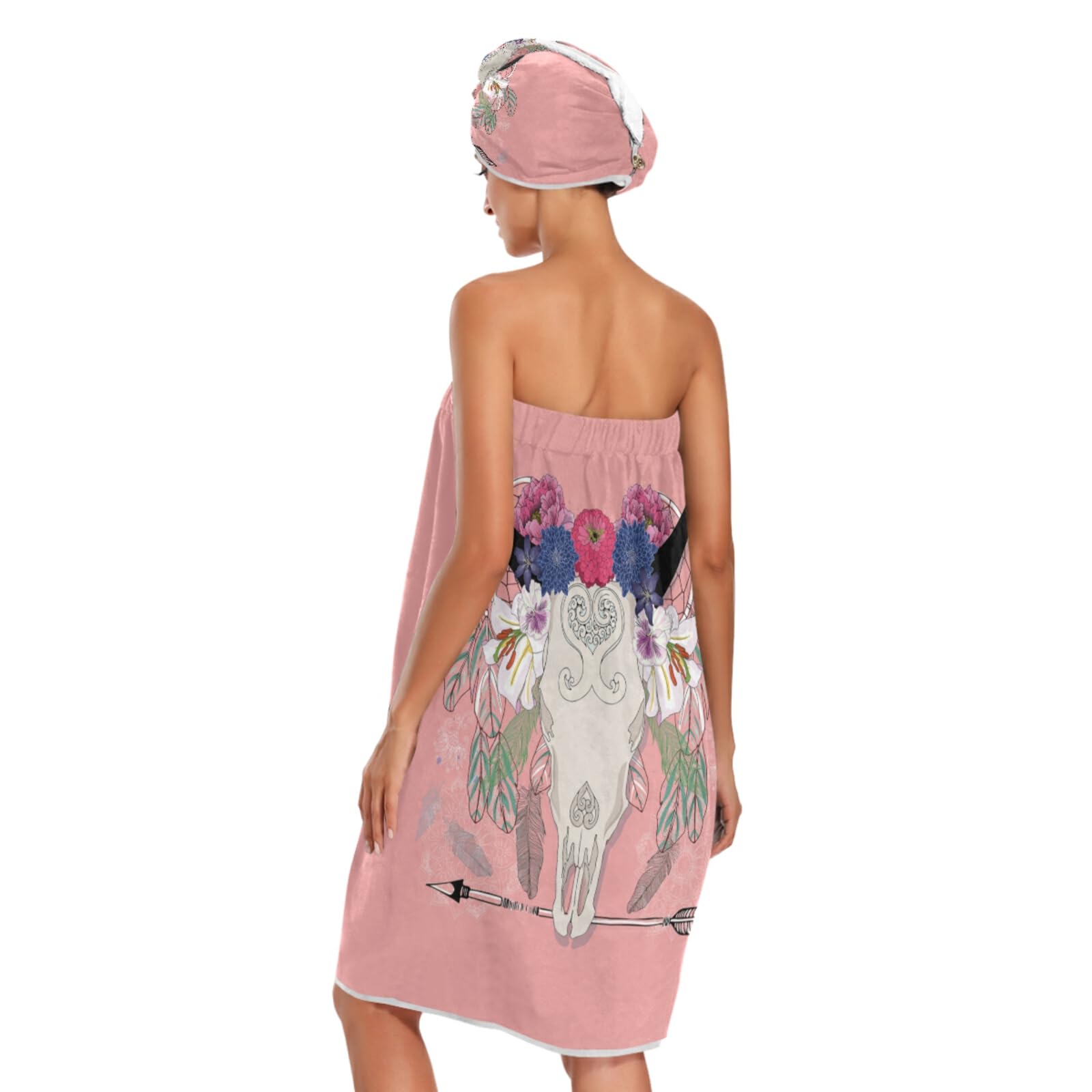 Poeticcity Tribal Ethnic Cow Skull Arrow Dreamcatcher Feathers Flowers on Red Women's Bath Body Wrap - Ultra Absorbent Spa Towel Robe Set (3-Piece: Shower Wrap, Headband & Hair Towel) for Relaxing Bath, Spa Day & Home Self-Care