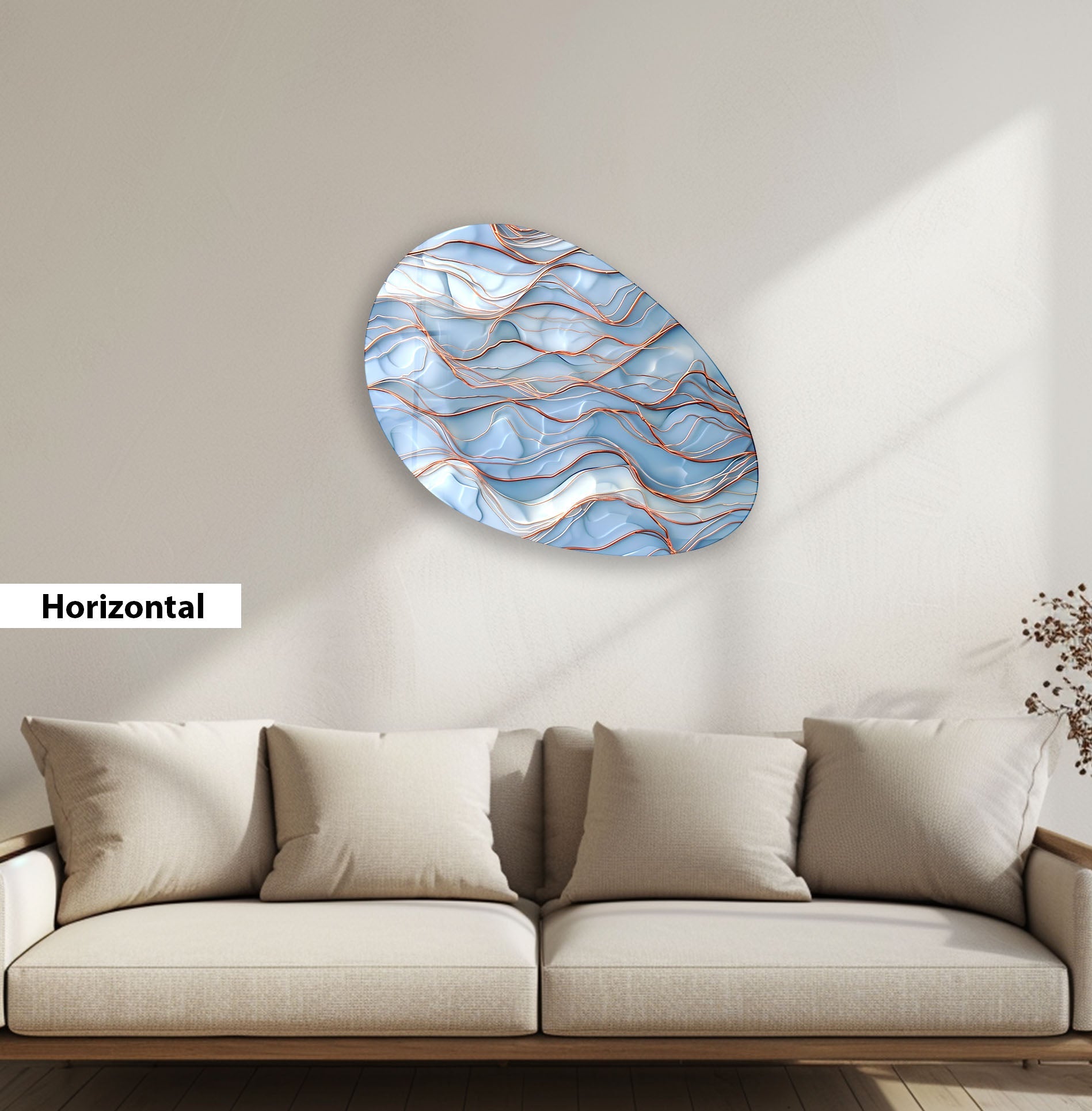 Abstract Blue Waves Oval Glass Wall Art - Modern Ocean Themed Home Decor for Living Room, Bedroom & Office