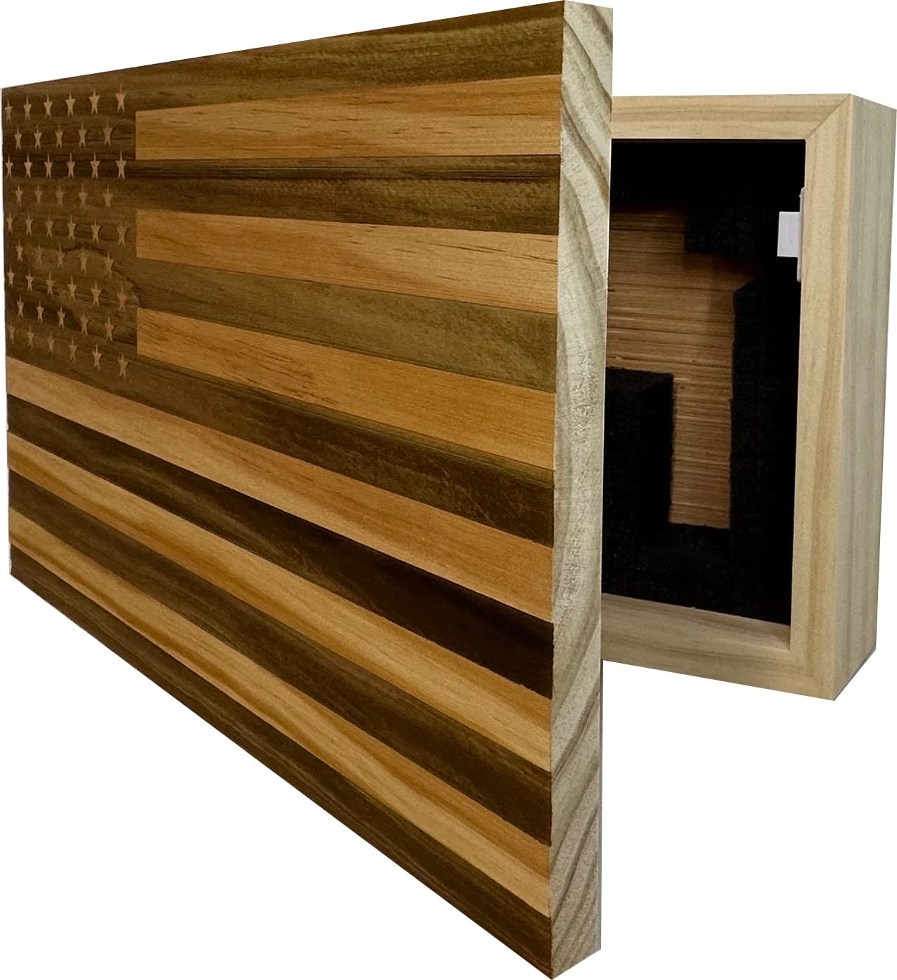 American Flag Concealed Gun Cabinet - Hidden Gun Storage Safe with Patriotic Design (Natural Wood Finish) | Perfect for Home Security & Firearm Protection