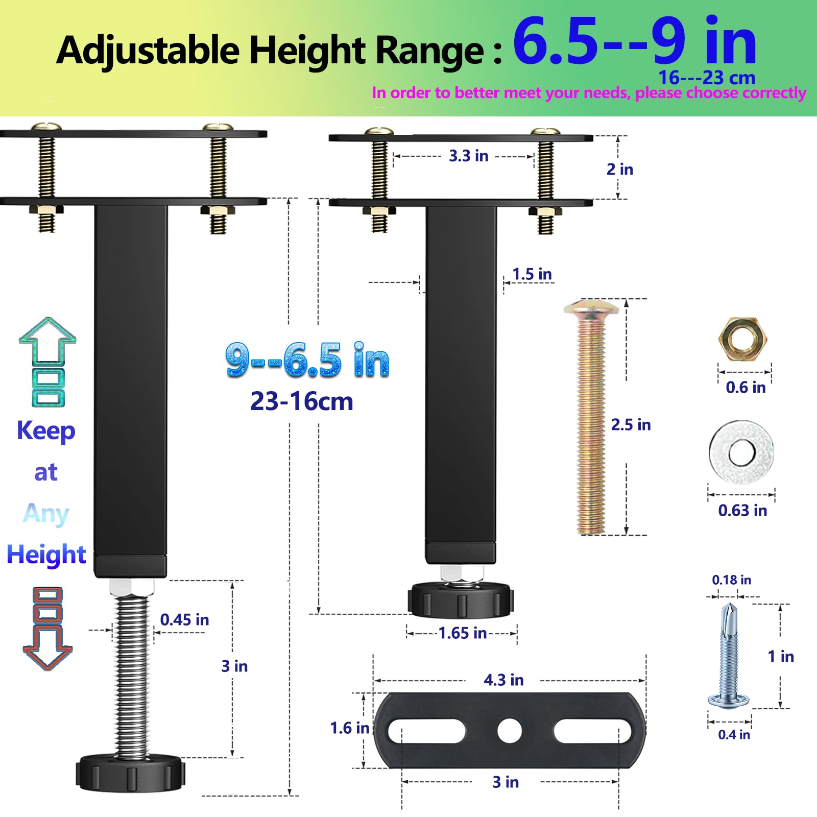 Adjustable Bed Support Legs 6.5-9 Inch Heavy Duty Risers - 2 Pack for Frames, Box Springs, Platform Beds & Slats - Easy Installation Black Metal - Perfect for Bed Height Adjustment & Underbed Storage