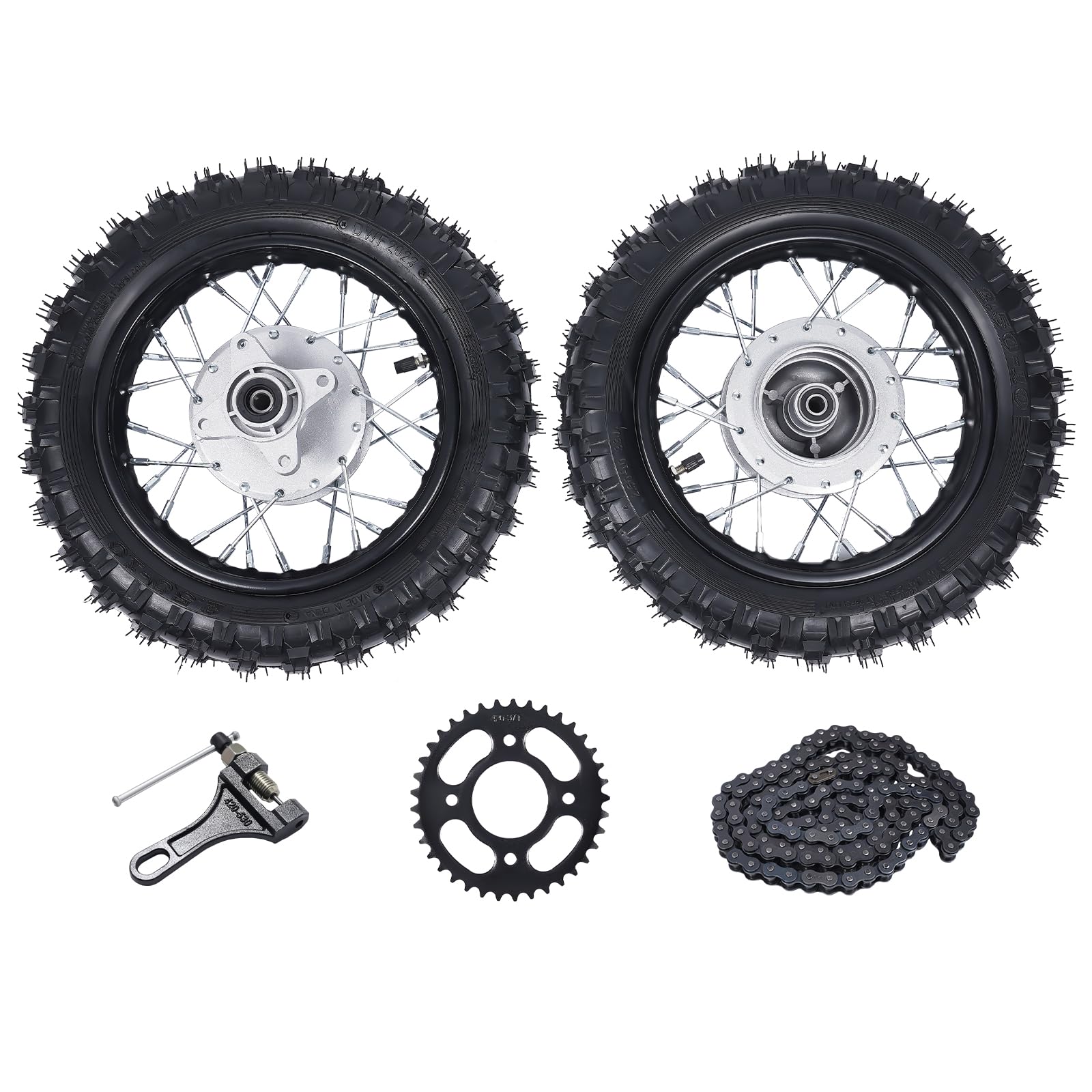 Alloy Front & Rear Wheel Set 2.50-10 for Honda CRF50 XR50 BBR KLX Dirt Bikes - 2.5-10 Tire Rim with Drum Brake, Chain & Chain Plate - Perfect for Pit Bike Racing & Off-Road Trail Riding