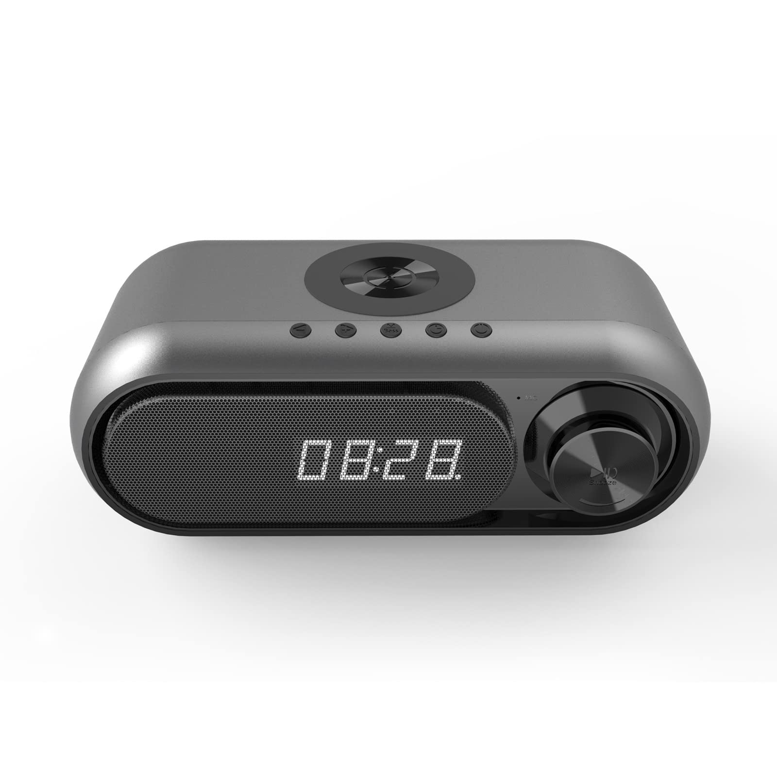10W Wireless Charging Alarm Clock with Bluetooth Speaker, LED Digital Display, FM Radio & USB Fast Charger – Perfect for Bedroom, Office & Travel (Gray)