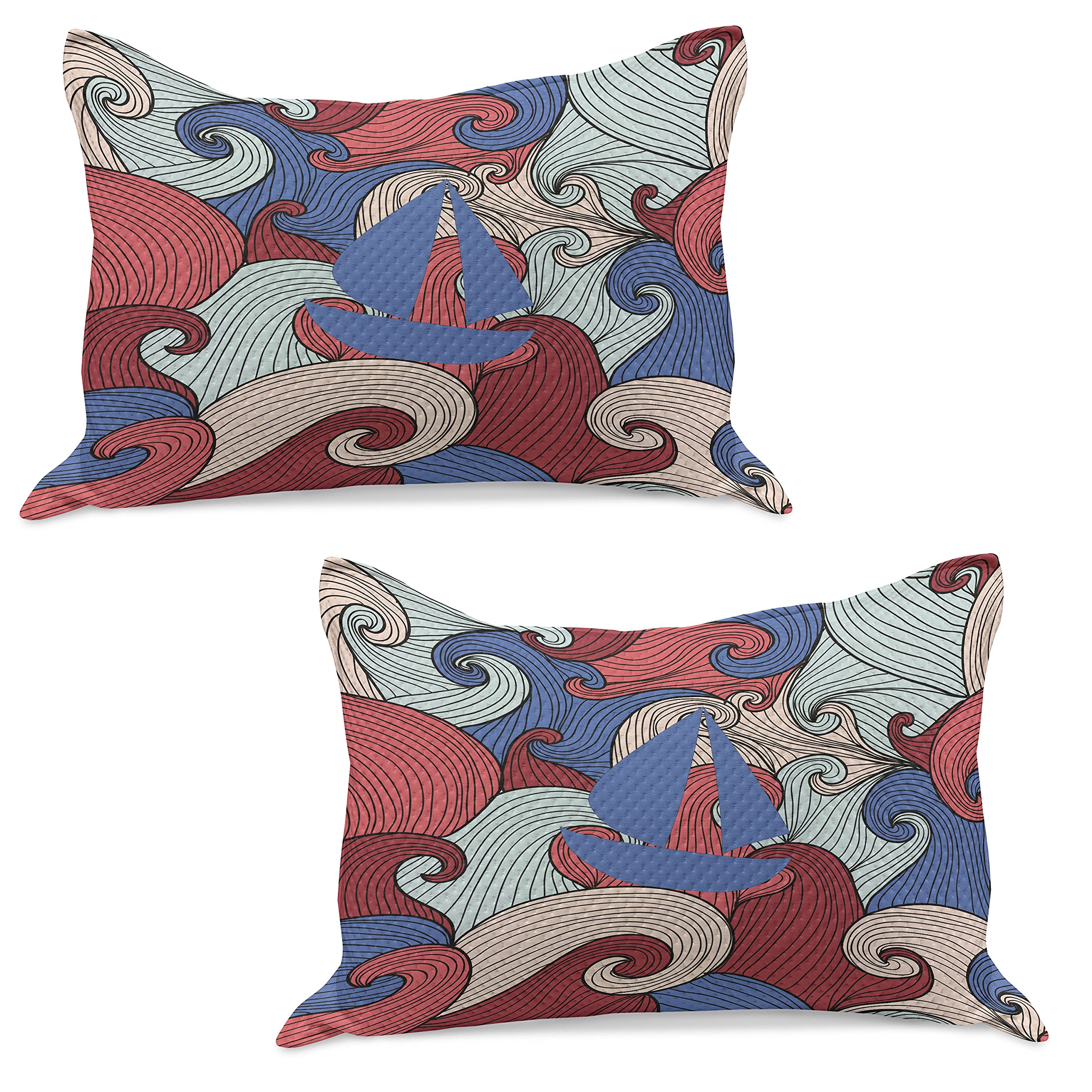 Ambesonne Abstract Quilted Pillow Cover Set of 2 - Sailboat Silhouette on Colorful Doodle Waves, King Size Decorative Pillow Sham 36x20 Inches, Multicolor for Bedroom, Living Room & Home Decor